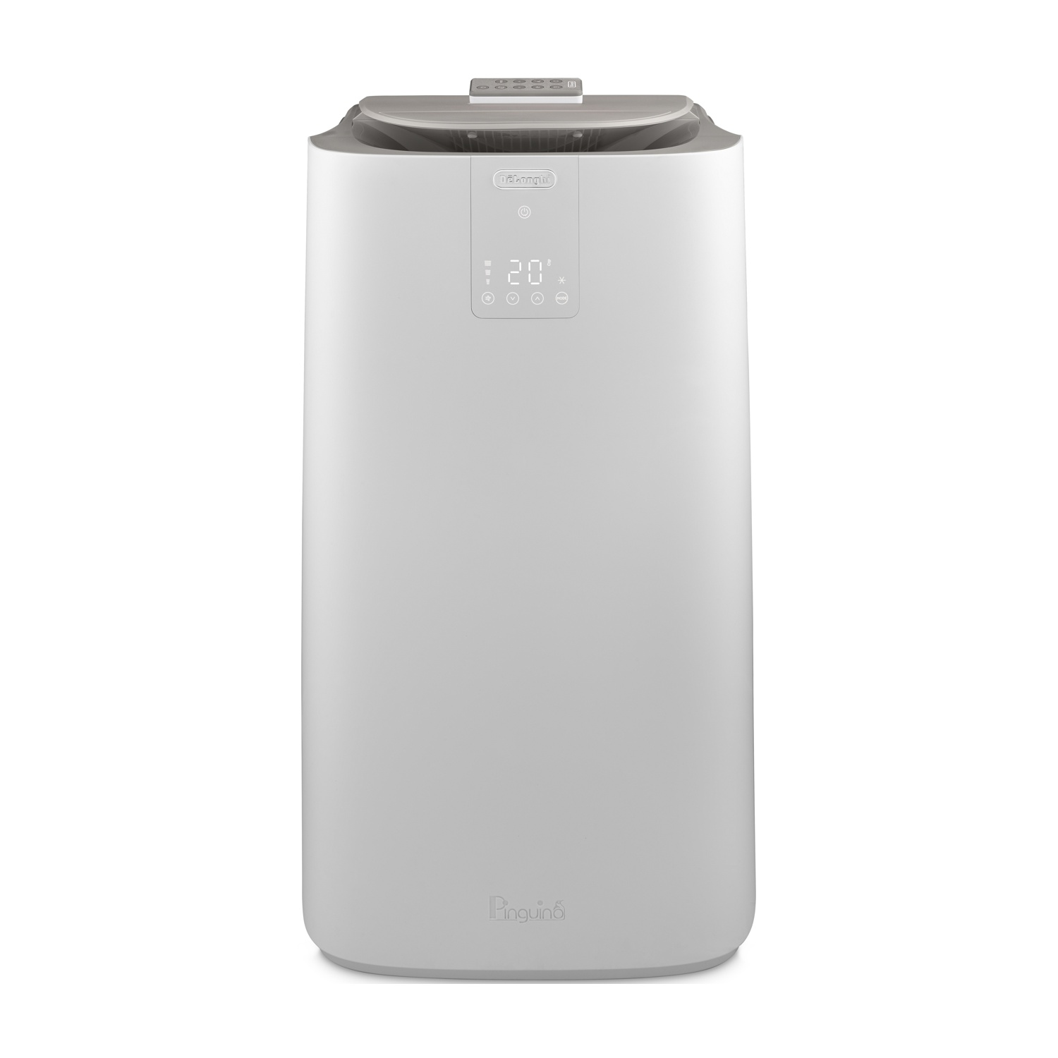 Climatiseur portable DeLonghi Pinguino blanc avec écran numérique et télécommande.