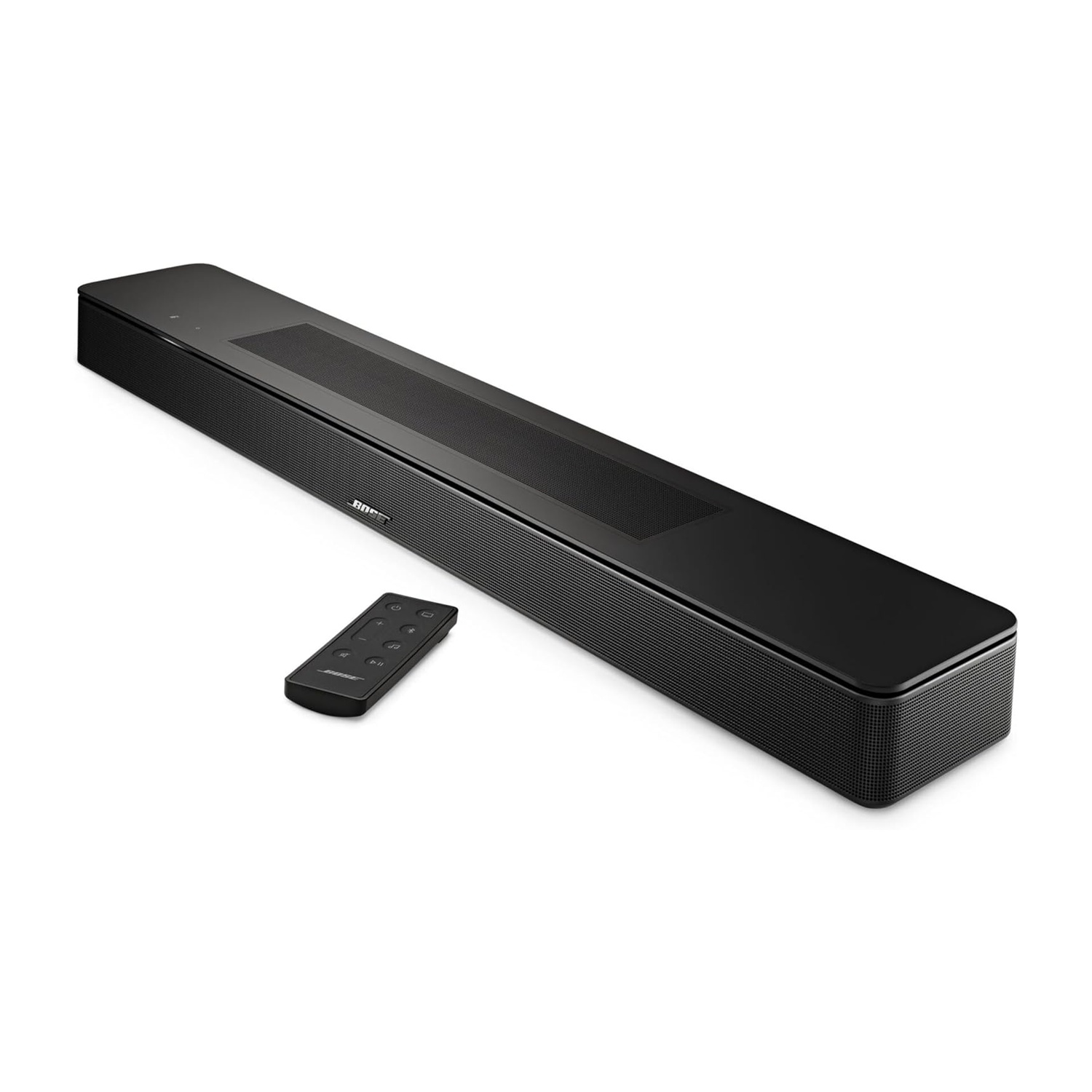 Schwarzer Bose Soundbar mit Fernbedienung auf weißem Hintergrund.