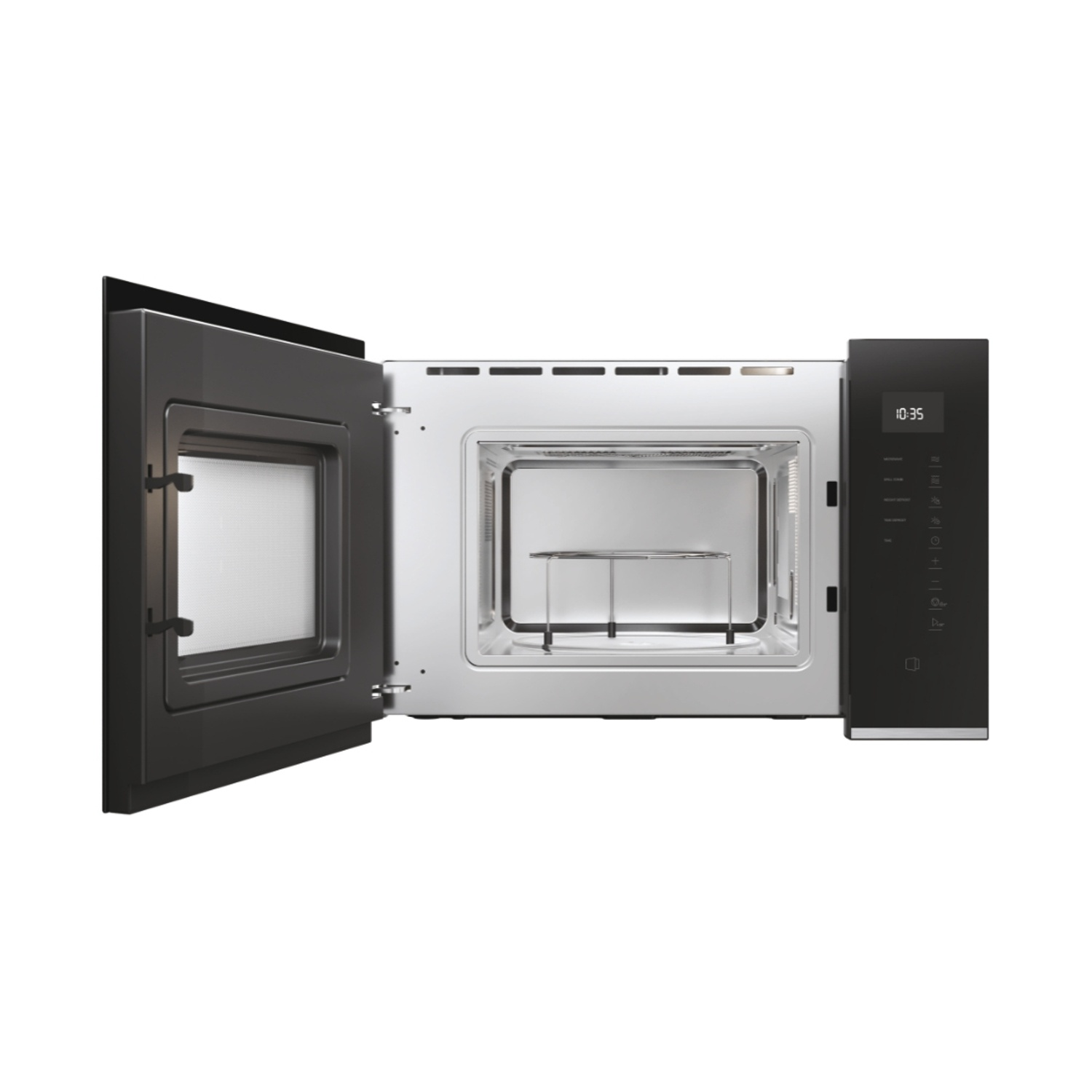 Een open zilveren magnetron met zwarte deur en digitaal display.