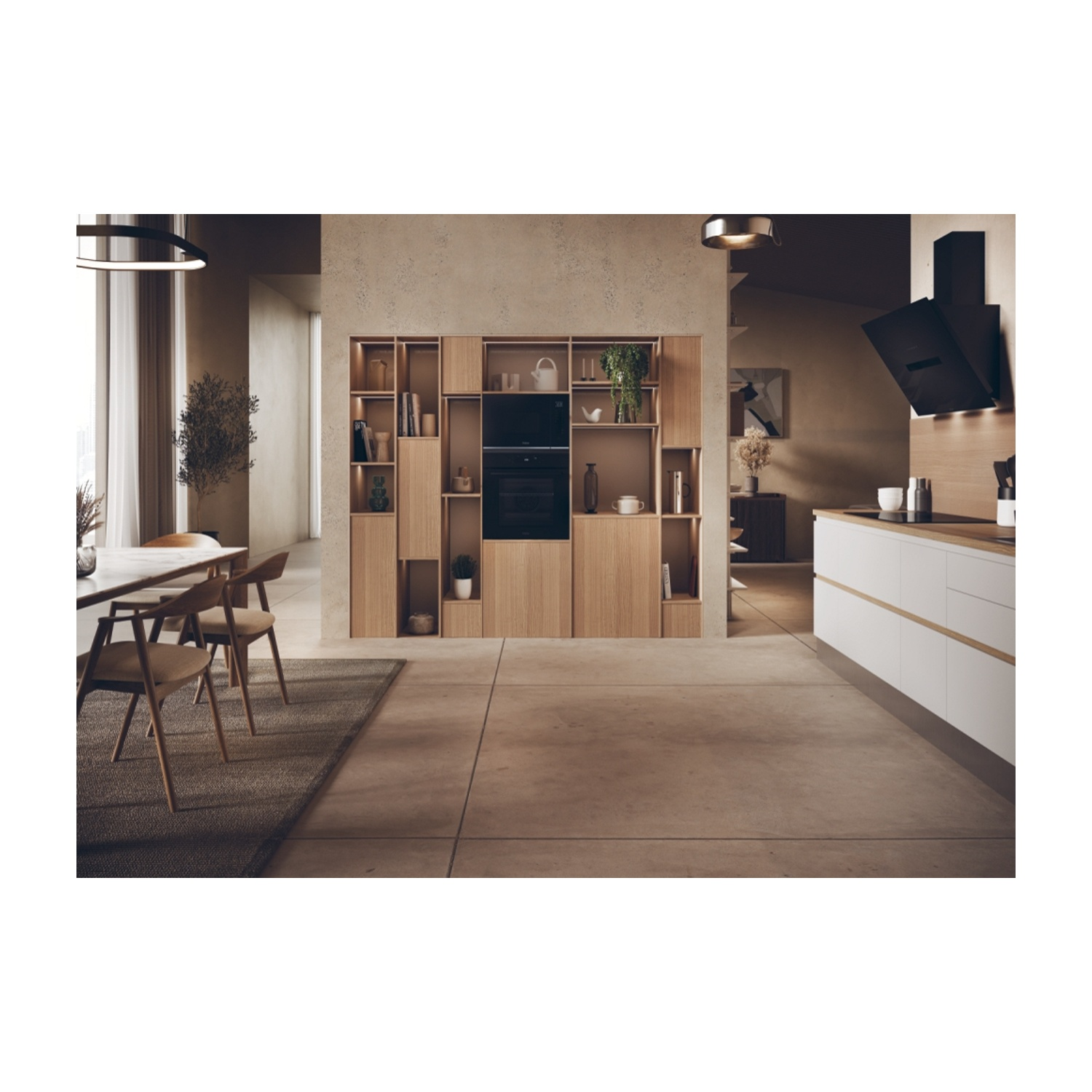 Moderne keuken met houten kasten, eethoek en eiland.