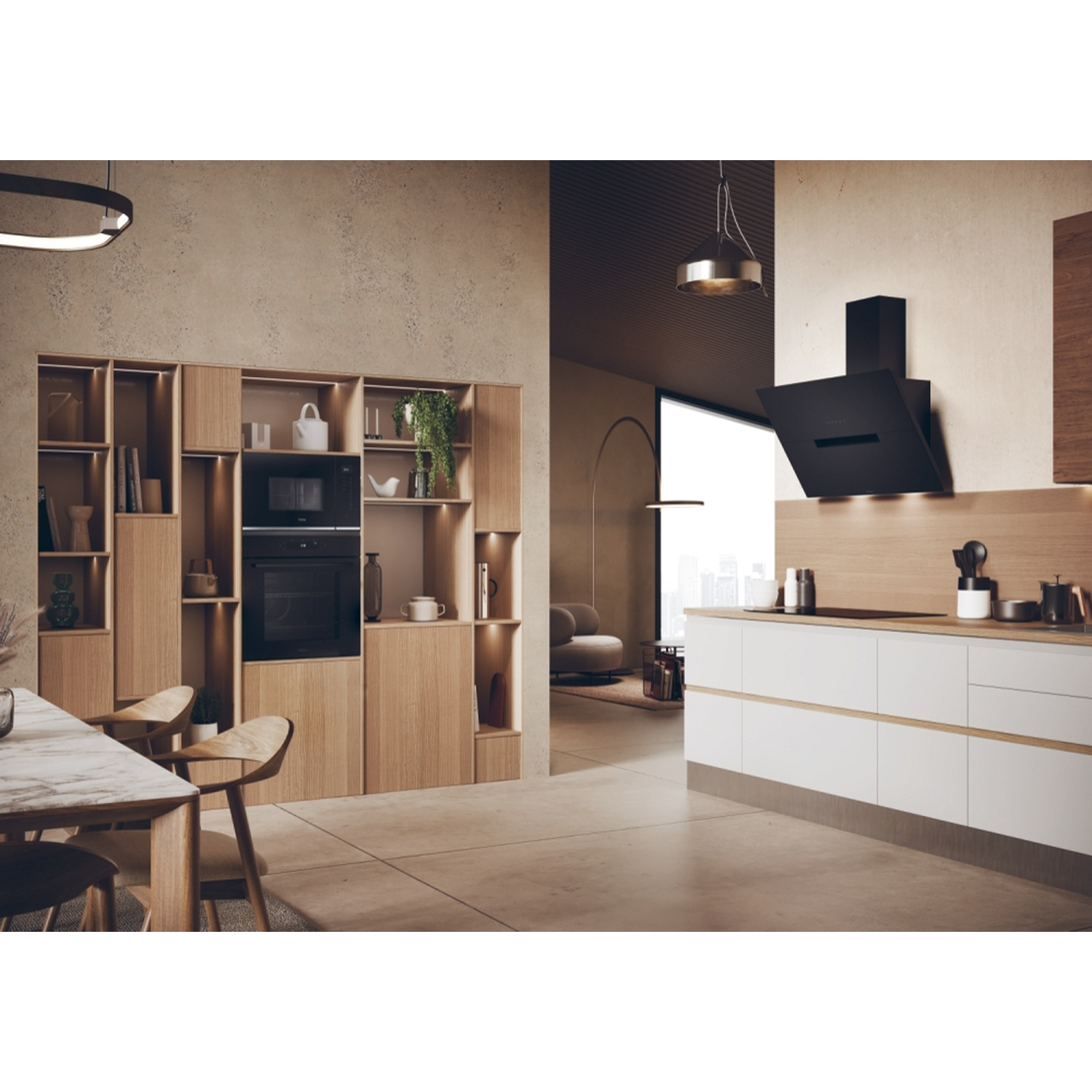 Moderne keuken met houten kasten, zwarte oven, afzuigkap en witte kasten.