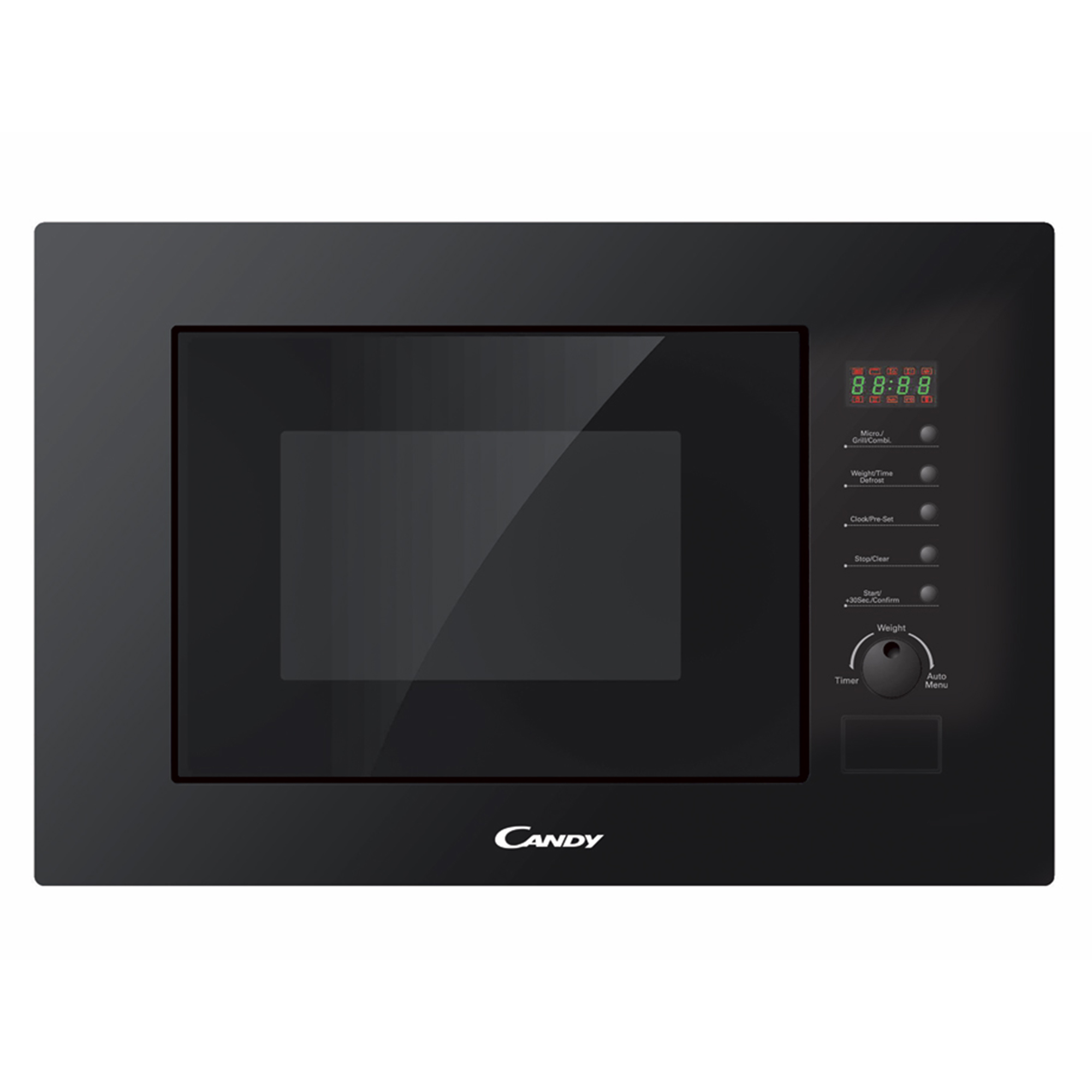 Zwarte magnetron met digitaal display en bedieningsknoppen.