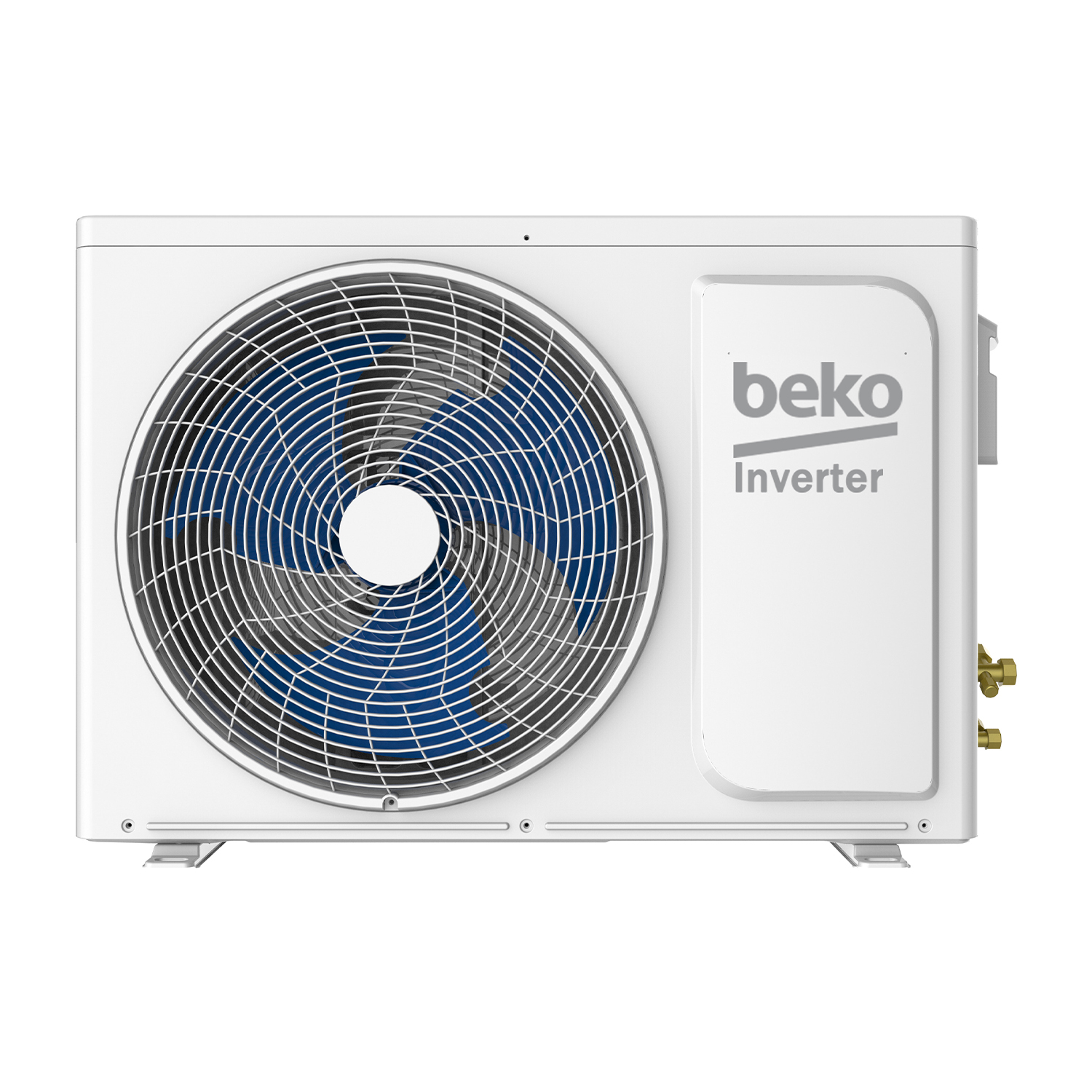 Unità esterna condizionatore bianca con ventola blu e logo Beko.
