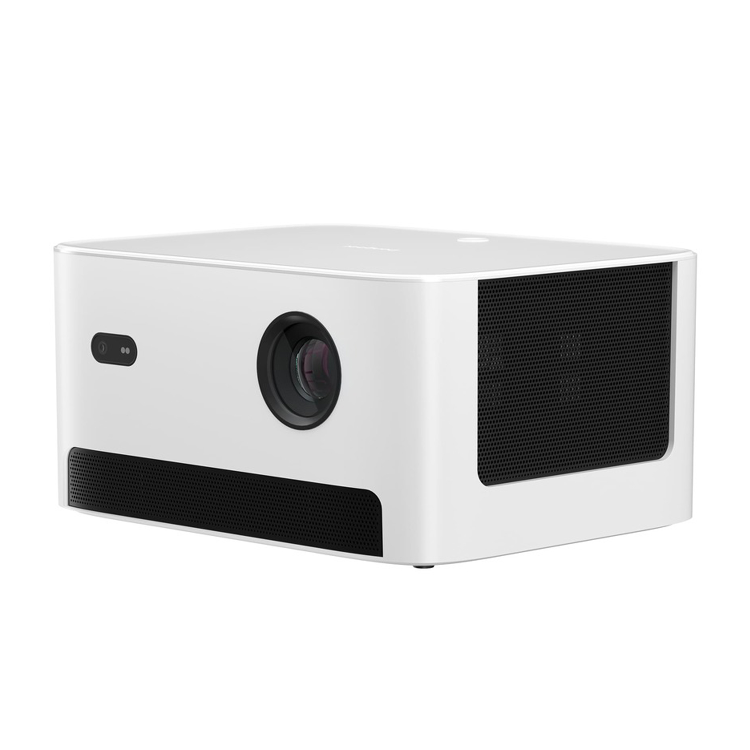 Biały projektor z obiektywem i czarnymi kratkami wentylacyjnymi.