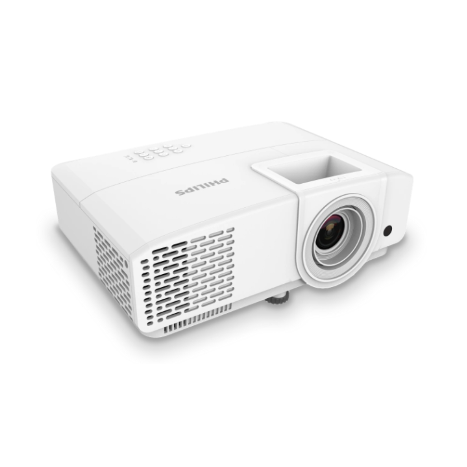 Biały projektor Philips z obiektywem i otworami wentylacyjnymi.