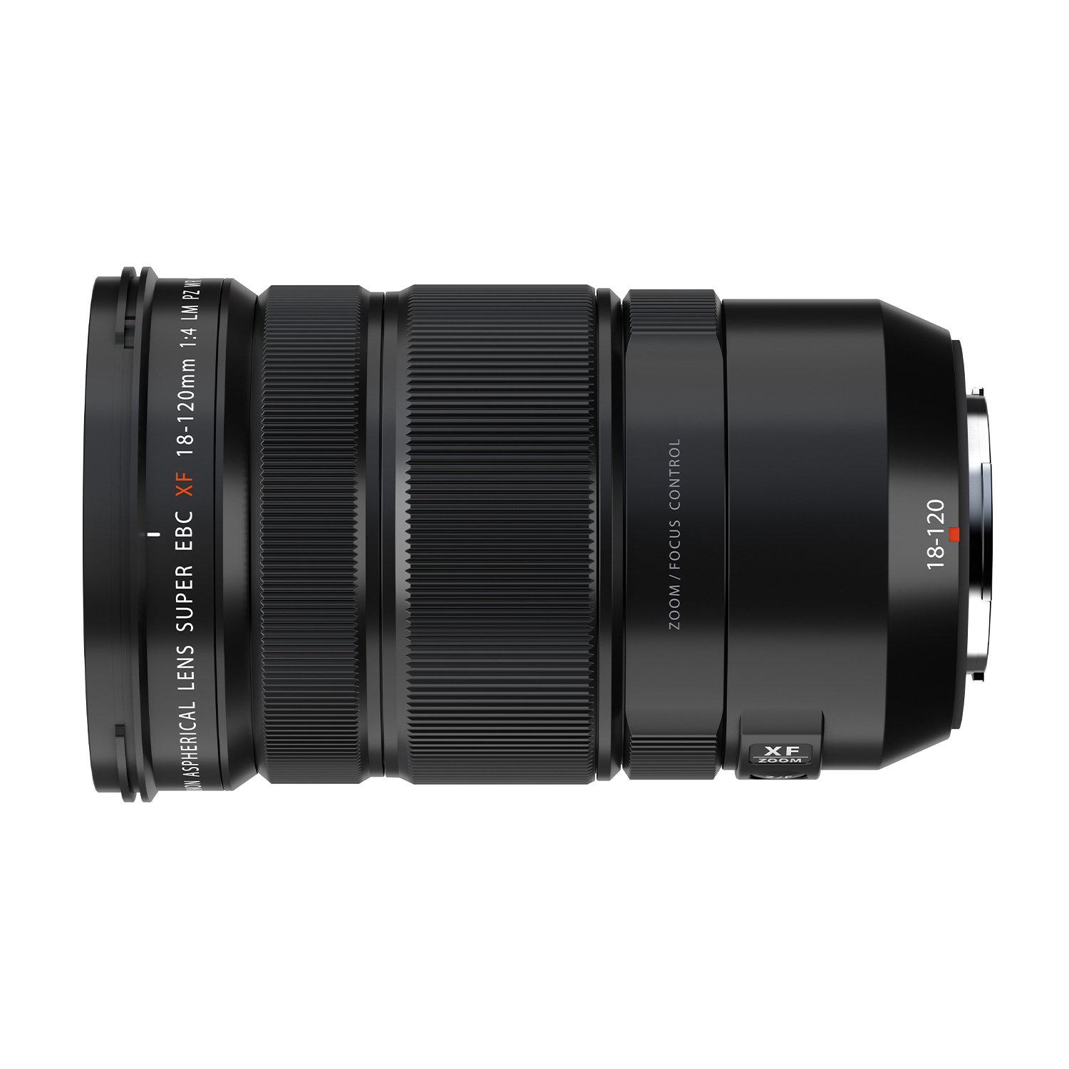 Ein schwarzes Fujifilm XF 18-120mm Objektiv mit Zoom- und Fokussteuerung.