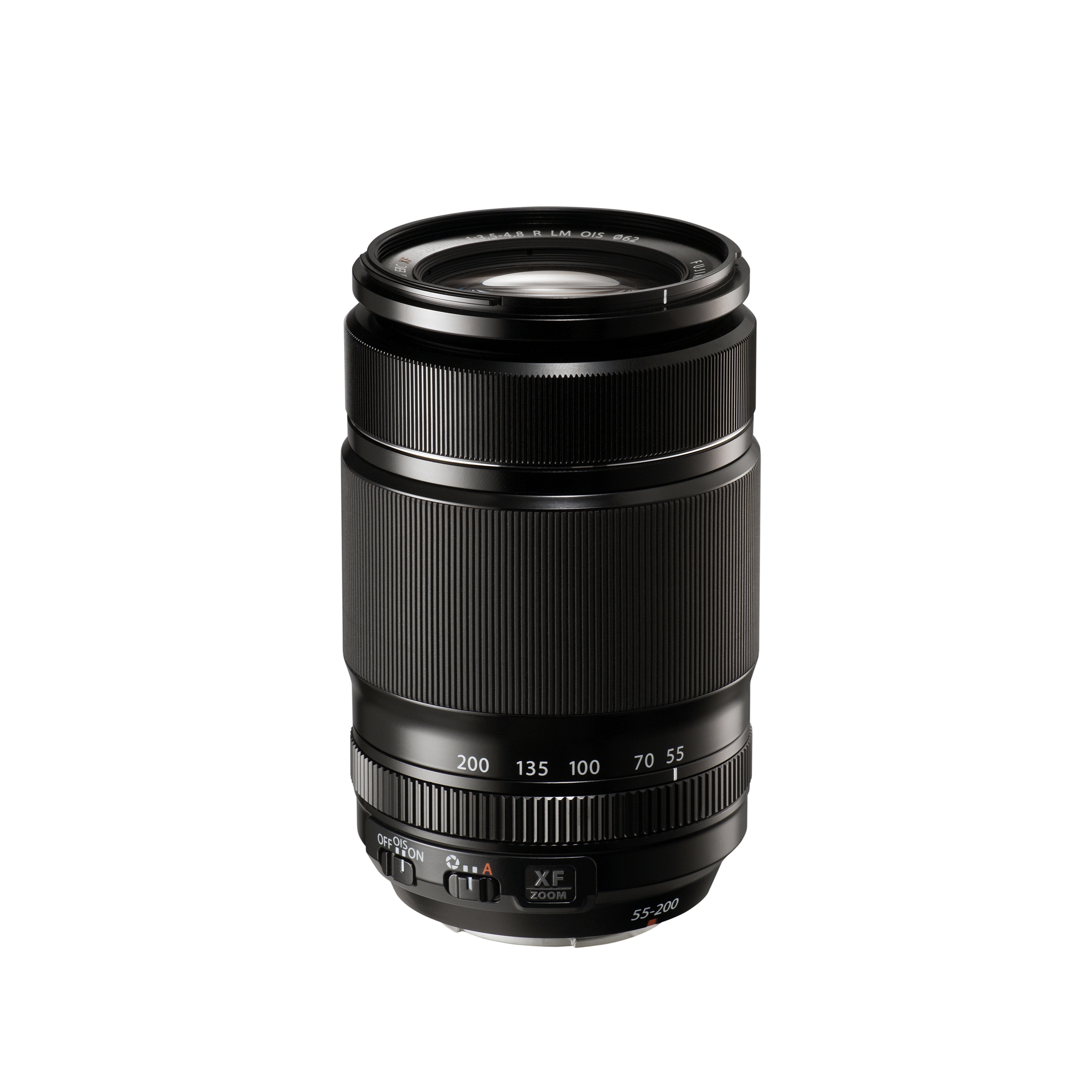 Ein schwarzes Fujifilm XF Zoom-Objektiv mit Zoomring und Fokussierringen.