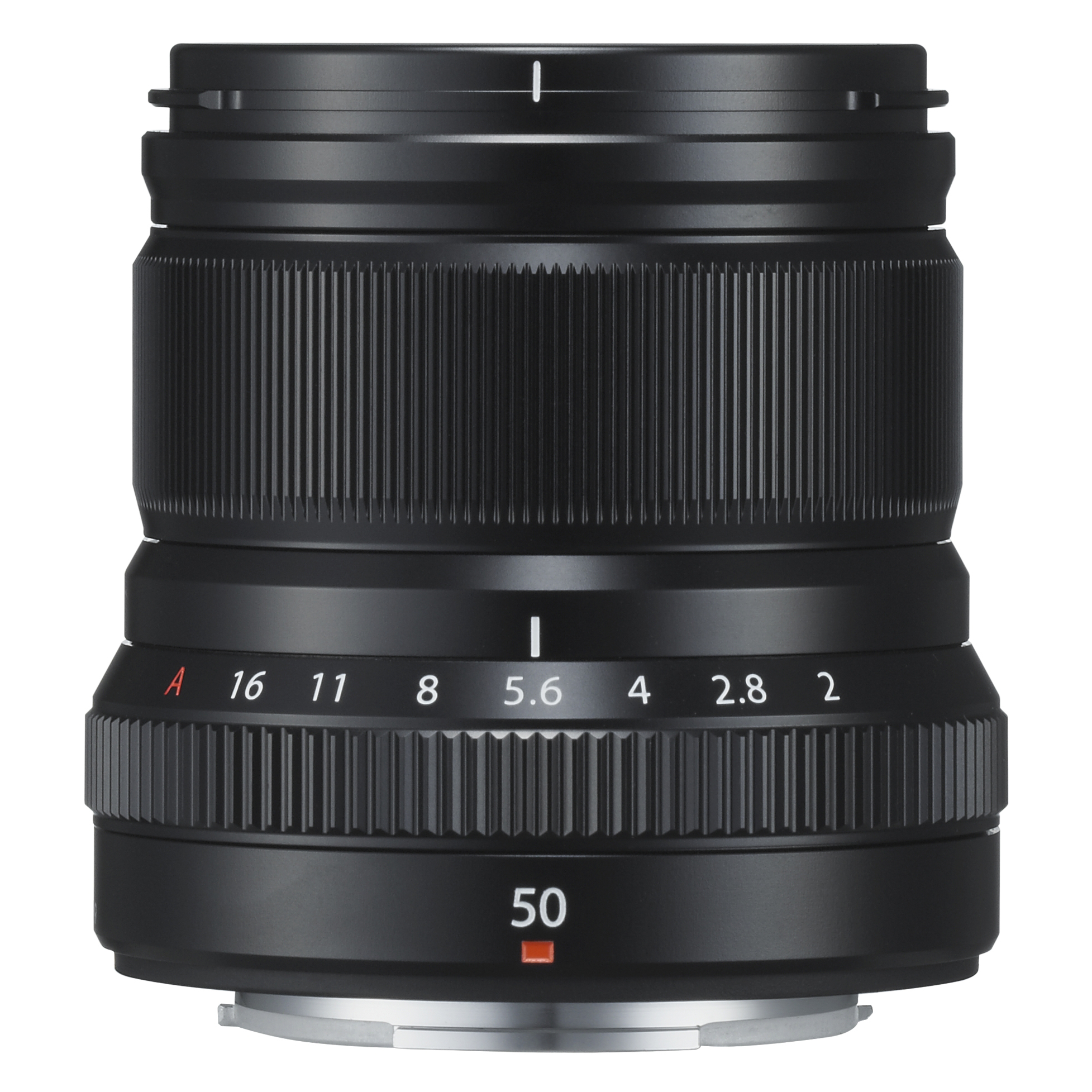 Czarny obiektyw aparatu z pierścieniami przysłony i ostrości oraz cyfrą 50.