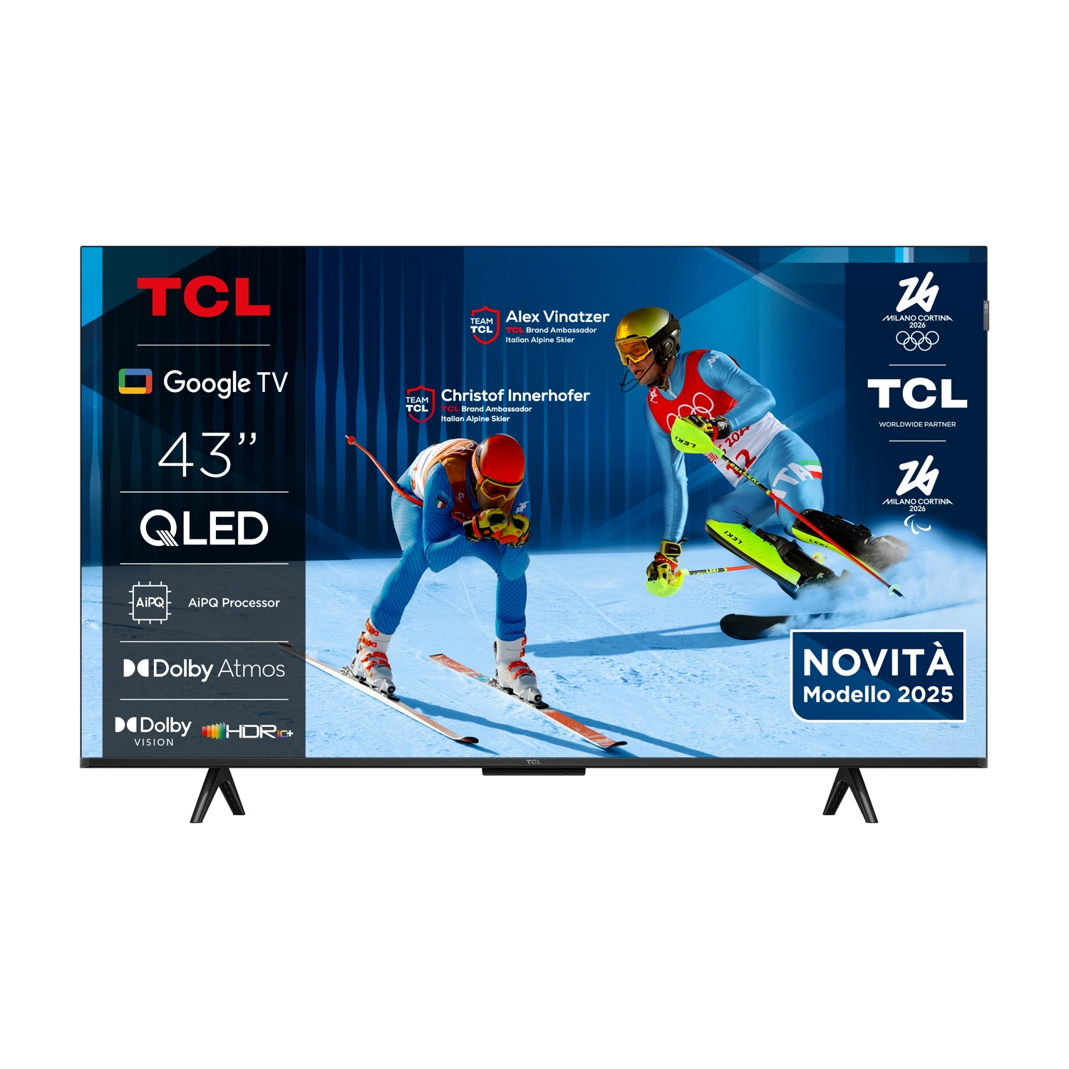 Telewizor TCL QLED 43" z Google TV, narciarzami alpejskimi i logo Milano Cortina 2026.