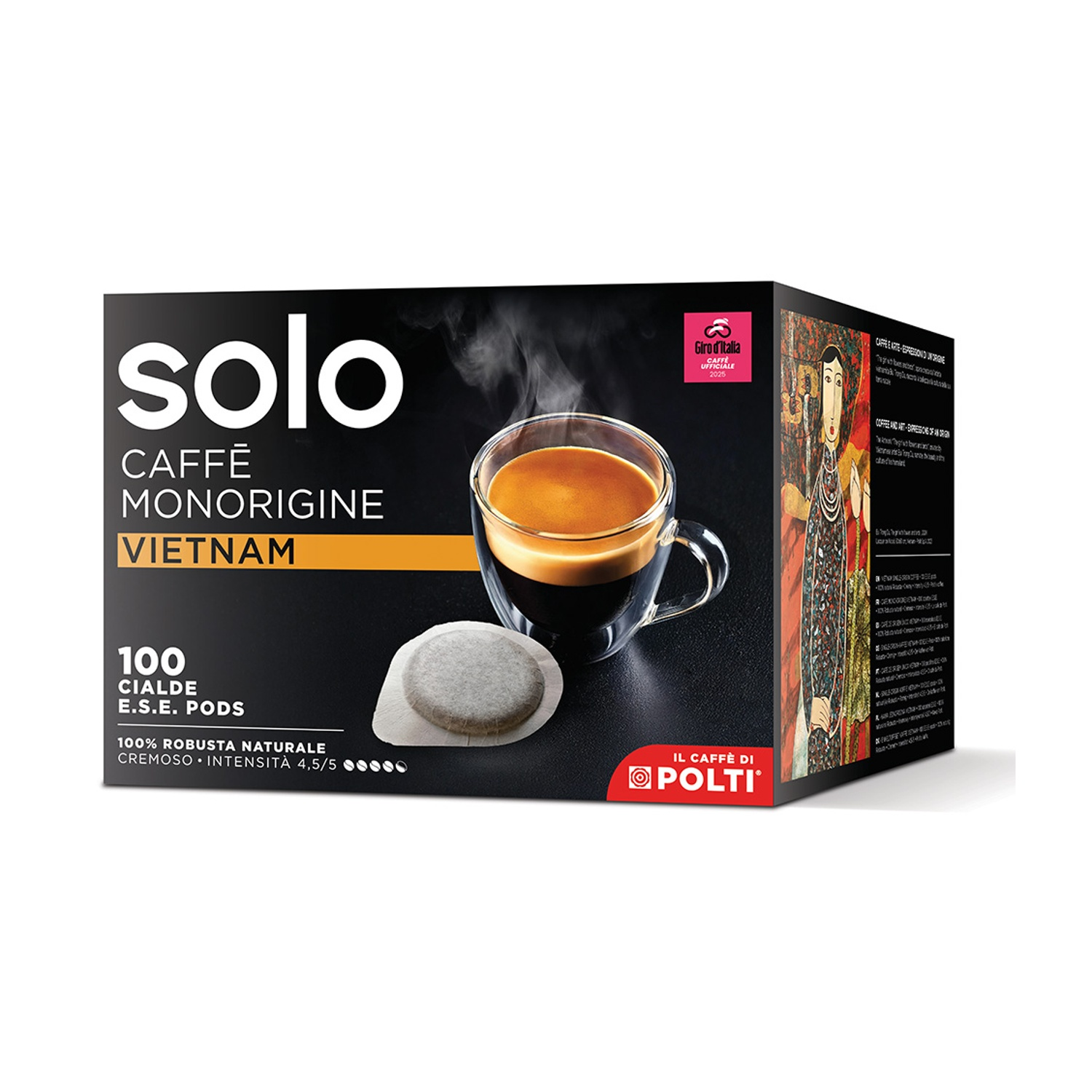 Confezione Solo Caffè Vietnam con 100 cialde E.S.E., accanto a una tazza di espresso.