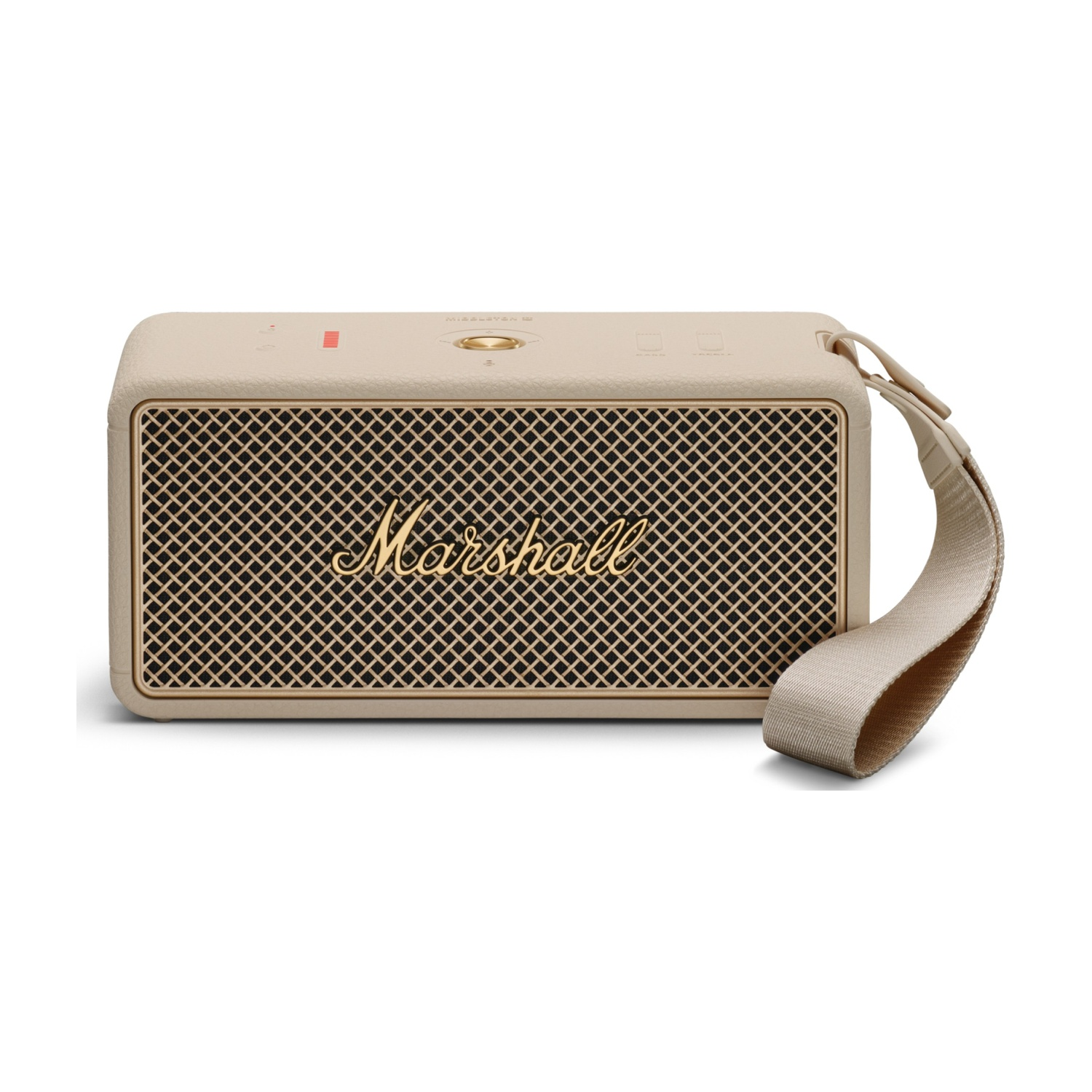 Beige Marshall Lautsprecher mit Gitter und Tragegriff.