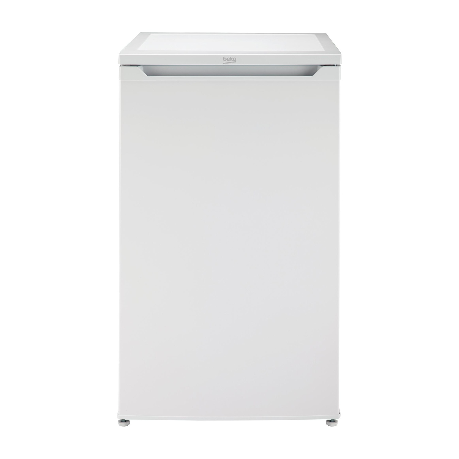 Un refrigerador blanco con tirador plateado y logo Beko.