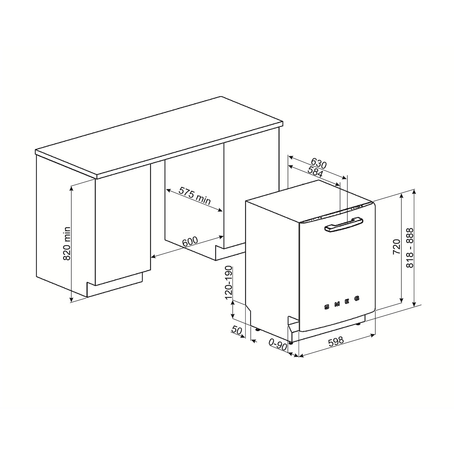 Dibujo técnico: Lavavajillas junto a encimera con medidas.