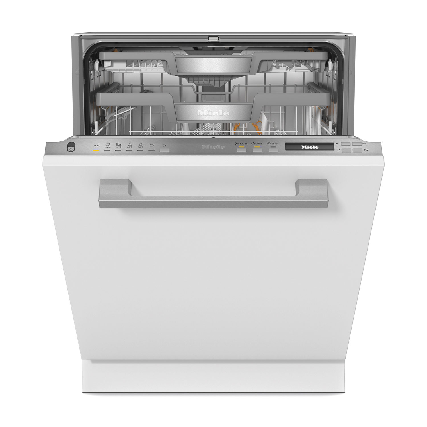 Un lavavajillas Miele blanco abierto con dos cestas y panel de control.