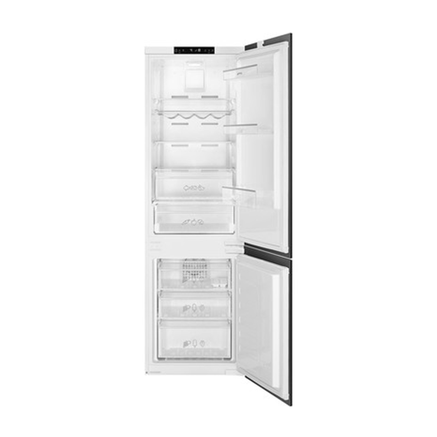 Un refrigerador blanco abierto con múltiples estantes y cajones visibles.