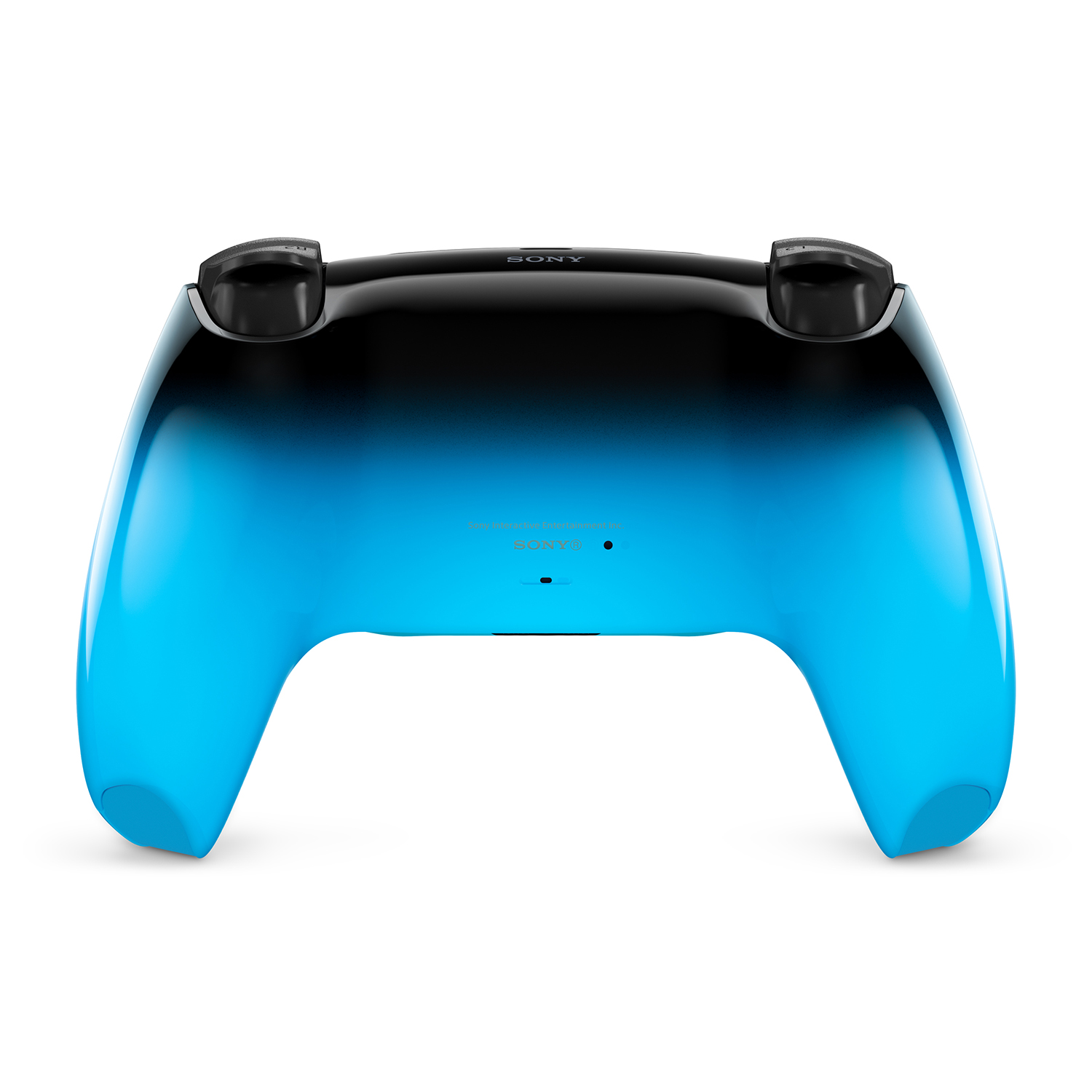 Ein blauer und schwarzer Sony Controller, von hinten gesehen.