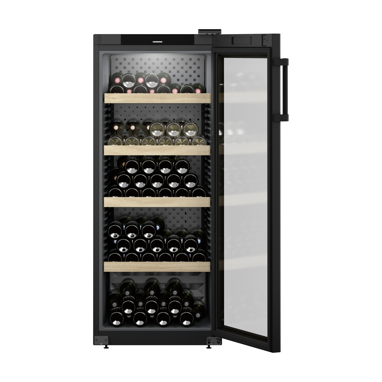 Una cantinetta nera con porta a vetro, piena di bottiglie.