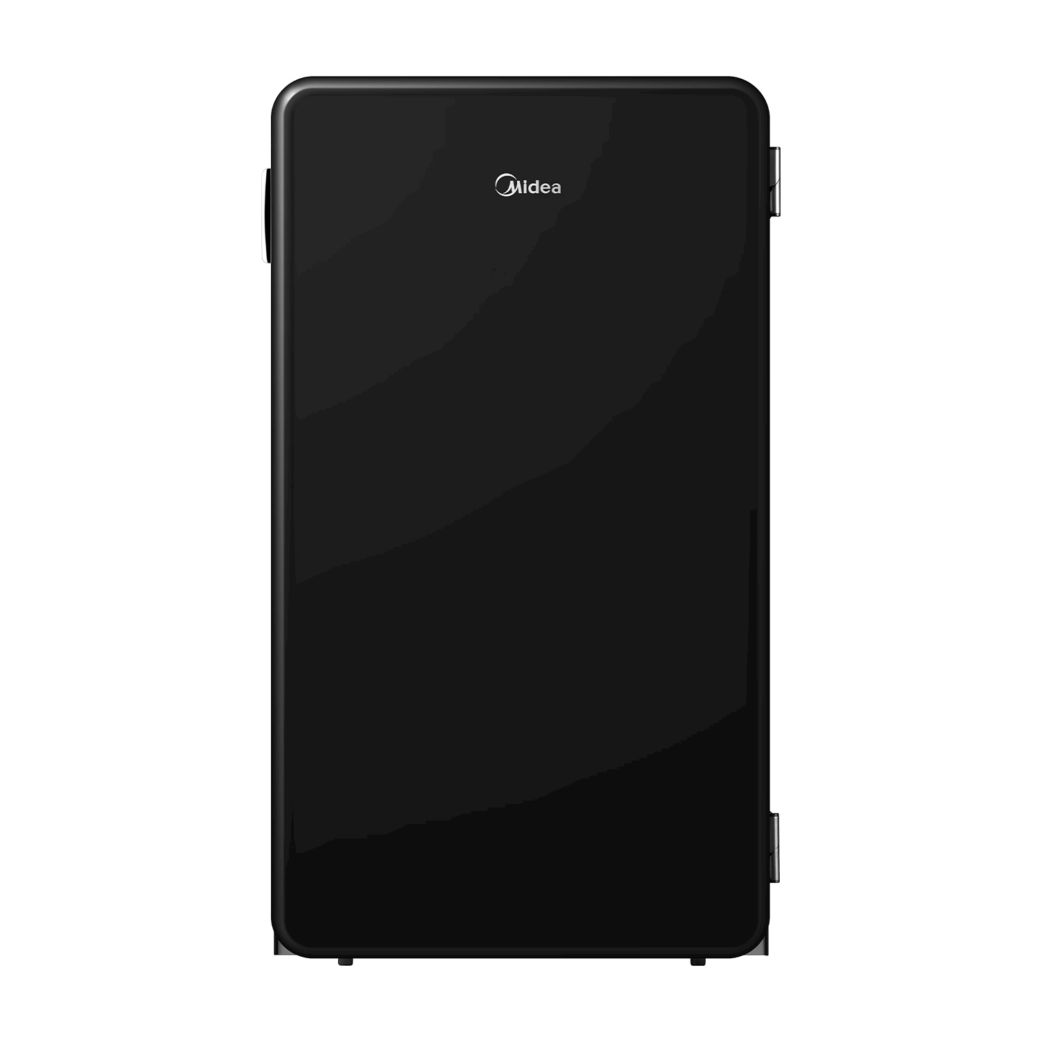 Un refrigerador Midea negro con asa plateada y logo sobre fondo blanco.