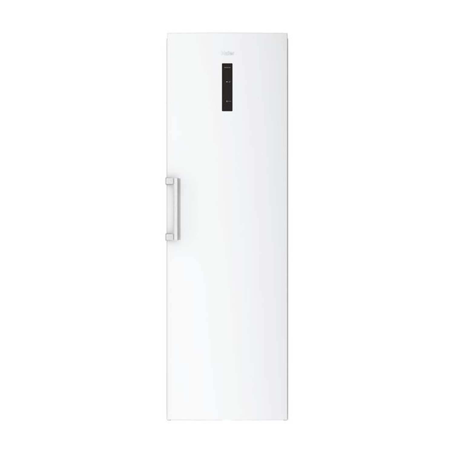 Un refrigerador blanco y alto con un asa plateada y un panel de control negro.