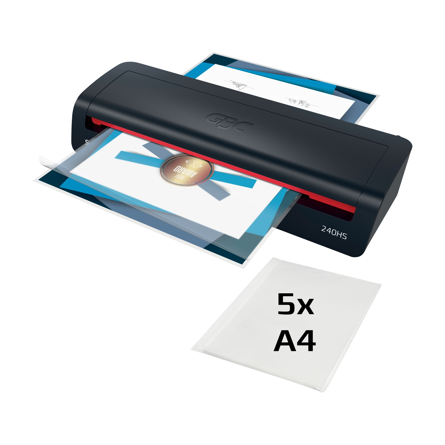 Ein schwarzer Aktenlaminator mit roten Akzenten, der Dokumente laminiert.