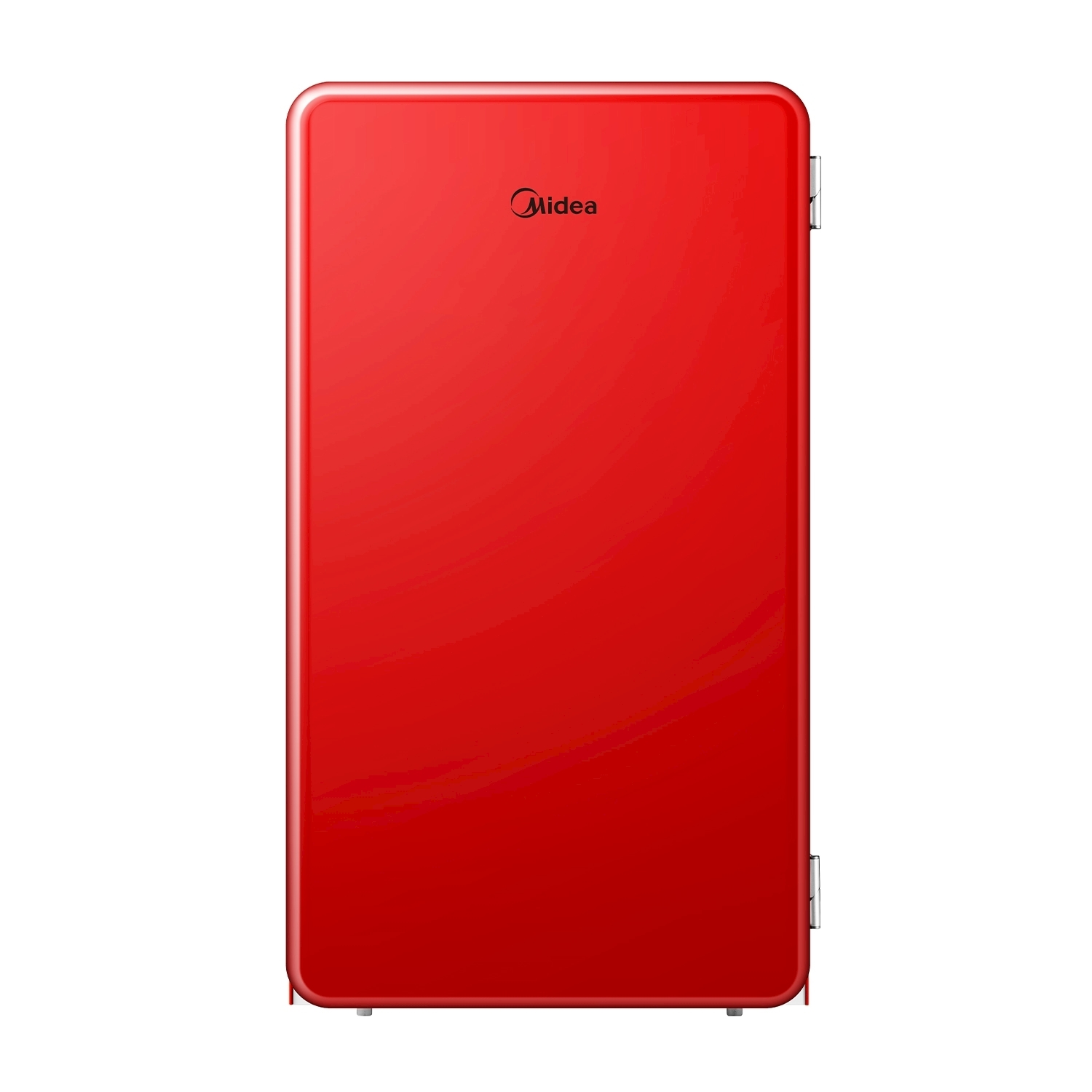Un refrigerador delgado y rojo con el logo de Midea arriba.