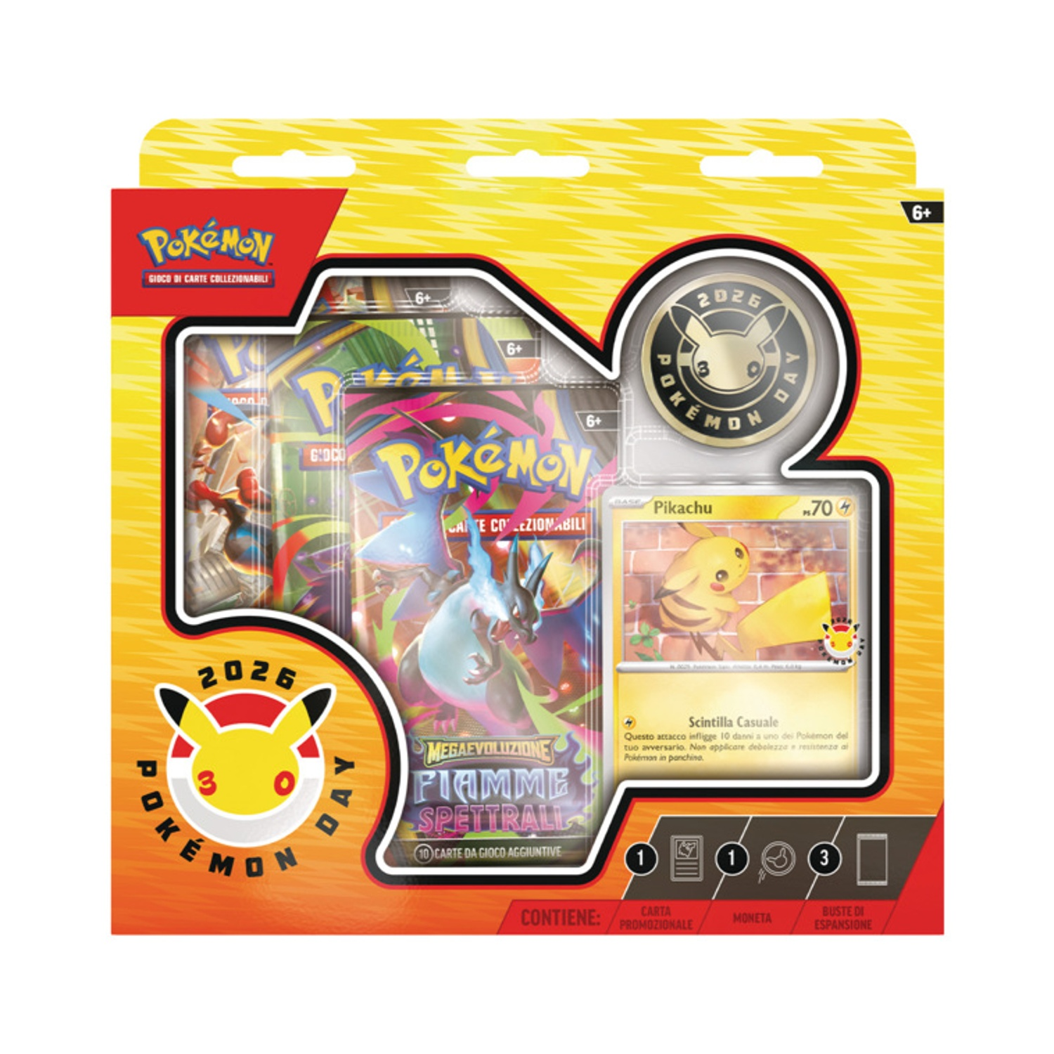 Pokémon Sammelkartenspiel-Set mit Pikachu-Karte, Münze und Boosterpacks.