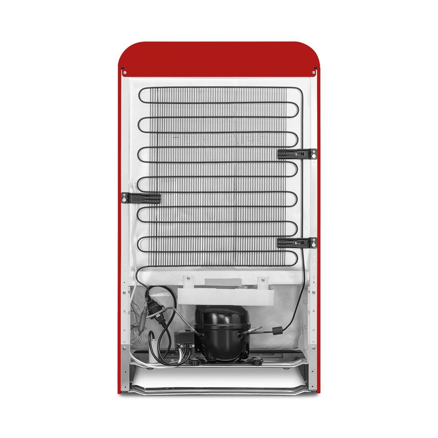 Parte trasera de un refrigerador rojo con compresor y serpentines.