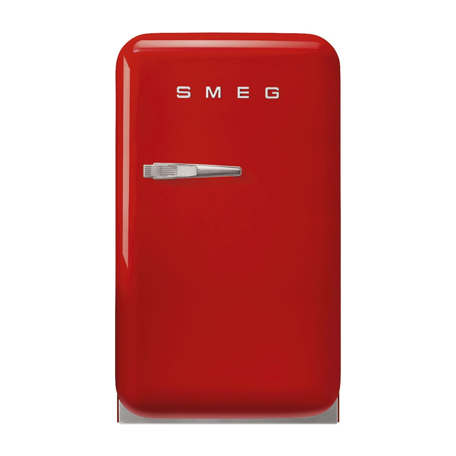 Un refrigerador SMEG rojo con asa y logo plateados.