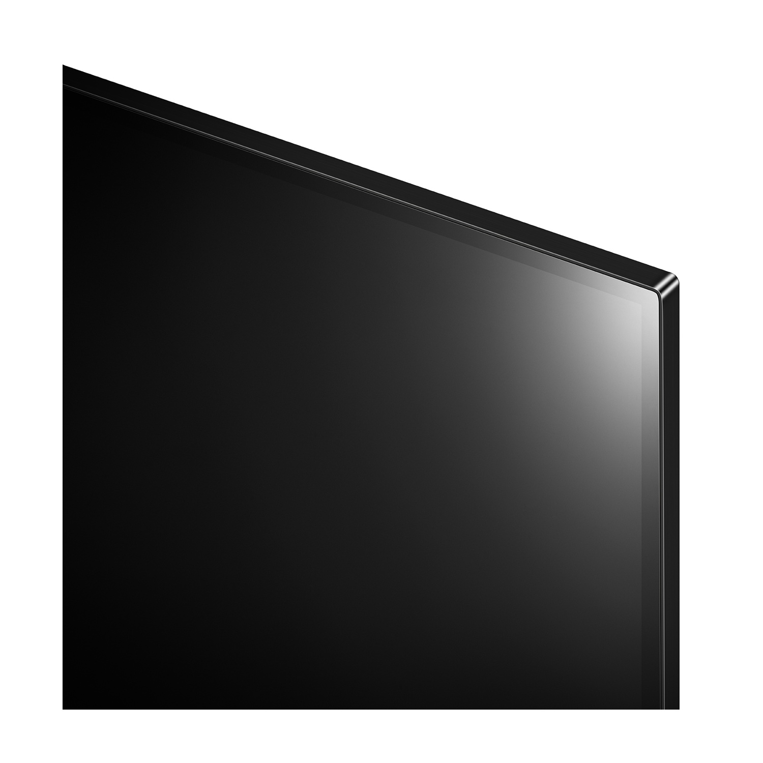 Coin d'un écran TV noir à cadre fin sur fond blanc.