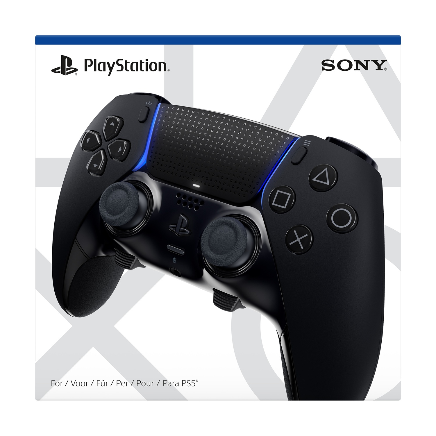 Czarny kontroler PlayStation 5 z niebieskimi akcentami i symbolami.