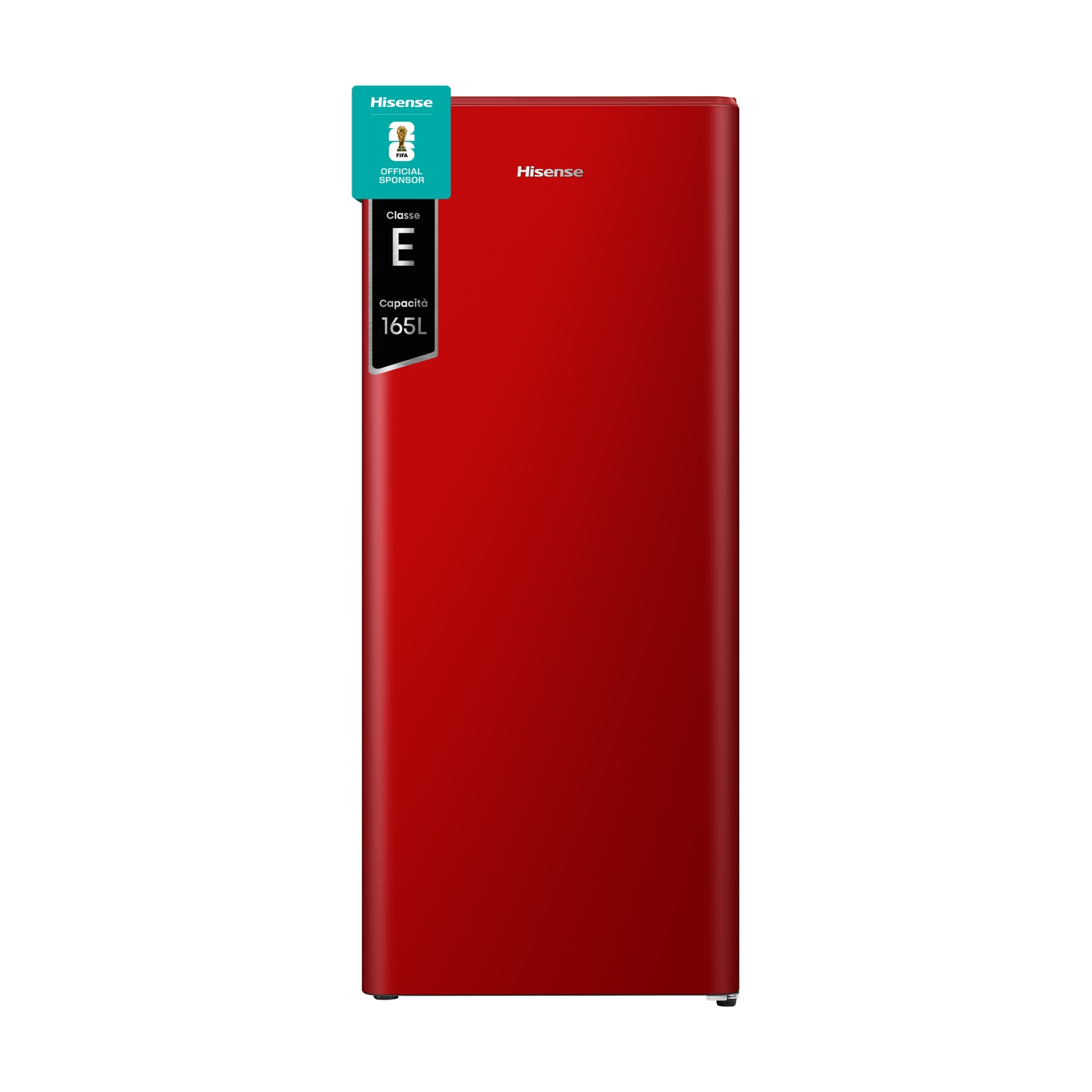 Un frigorífico Hisense rojo con logo de patrocinador FIFA y clase energética E.