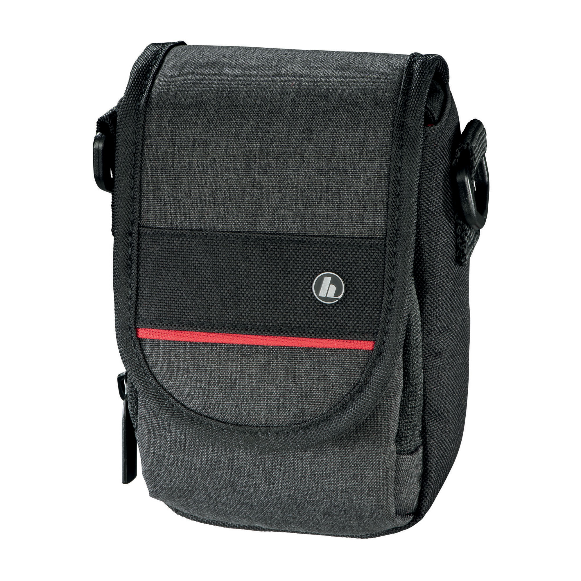 Borsa fotografica grigio scuro con accento rosso e logo su sfondo bianco.