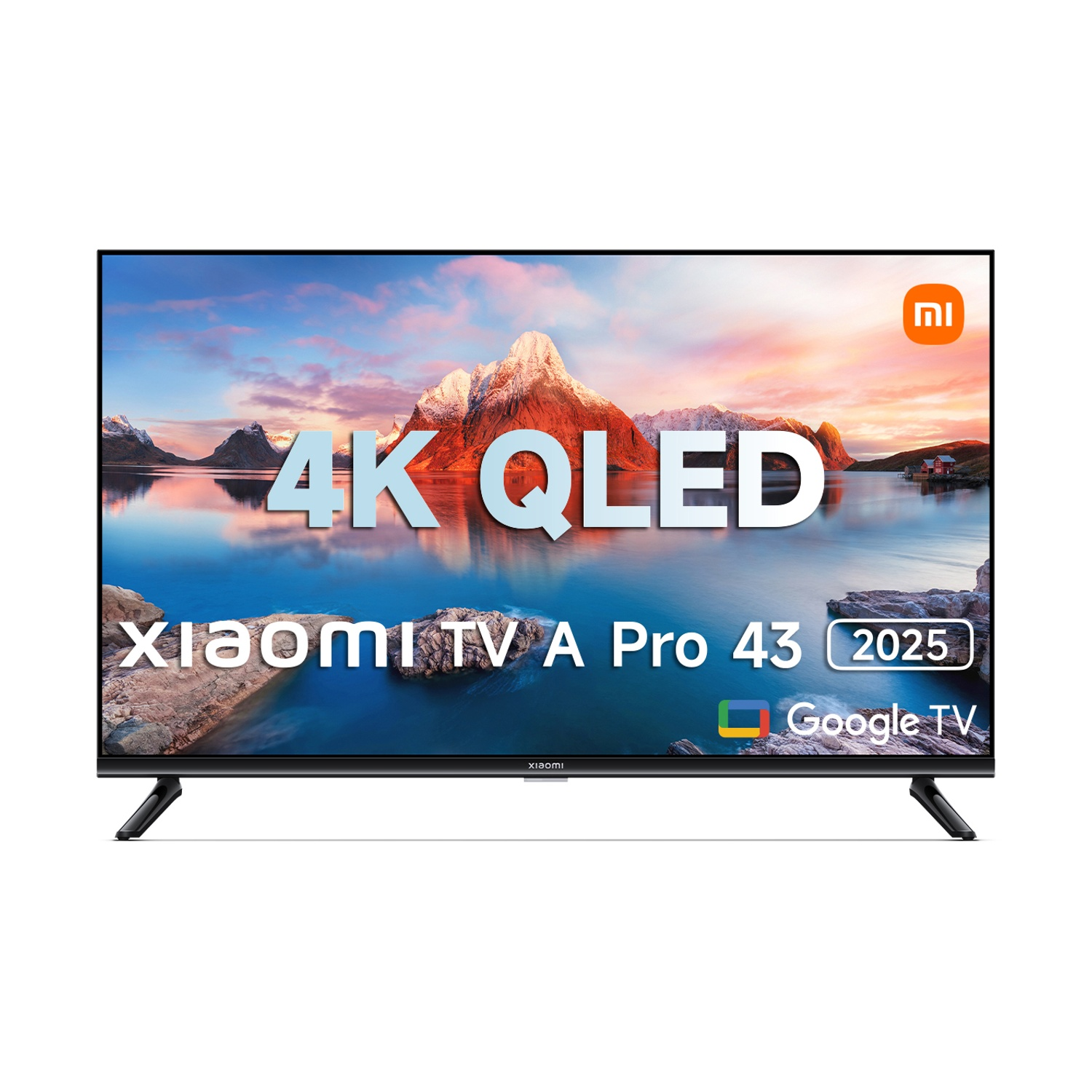 TV Xiaomi avec écran 4K QLED, scène de montagne et lac, Google TV.