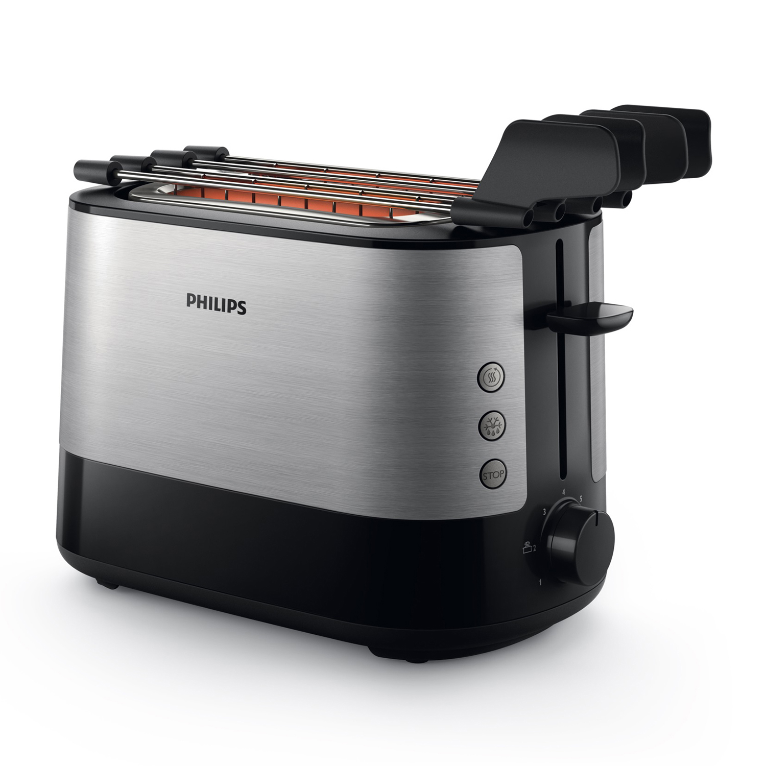 Grille-pain Philips argenté avec base noire et quatre fentes.