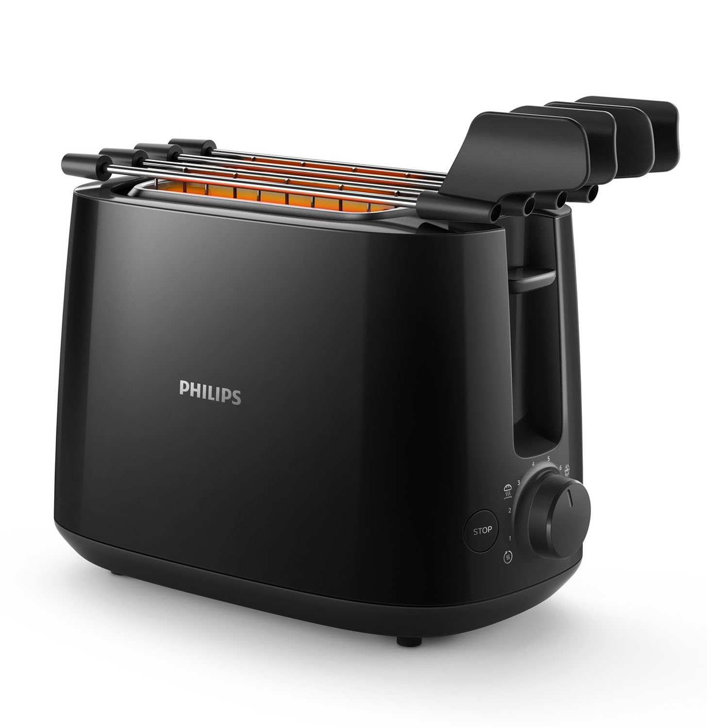 Czarny toster Philips z czterema szczelinami i świecącymi elementami grzewczymi.