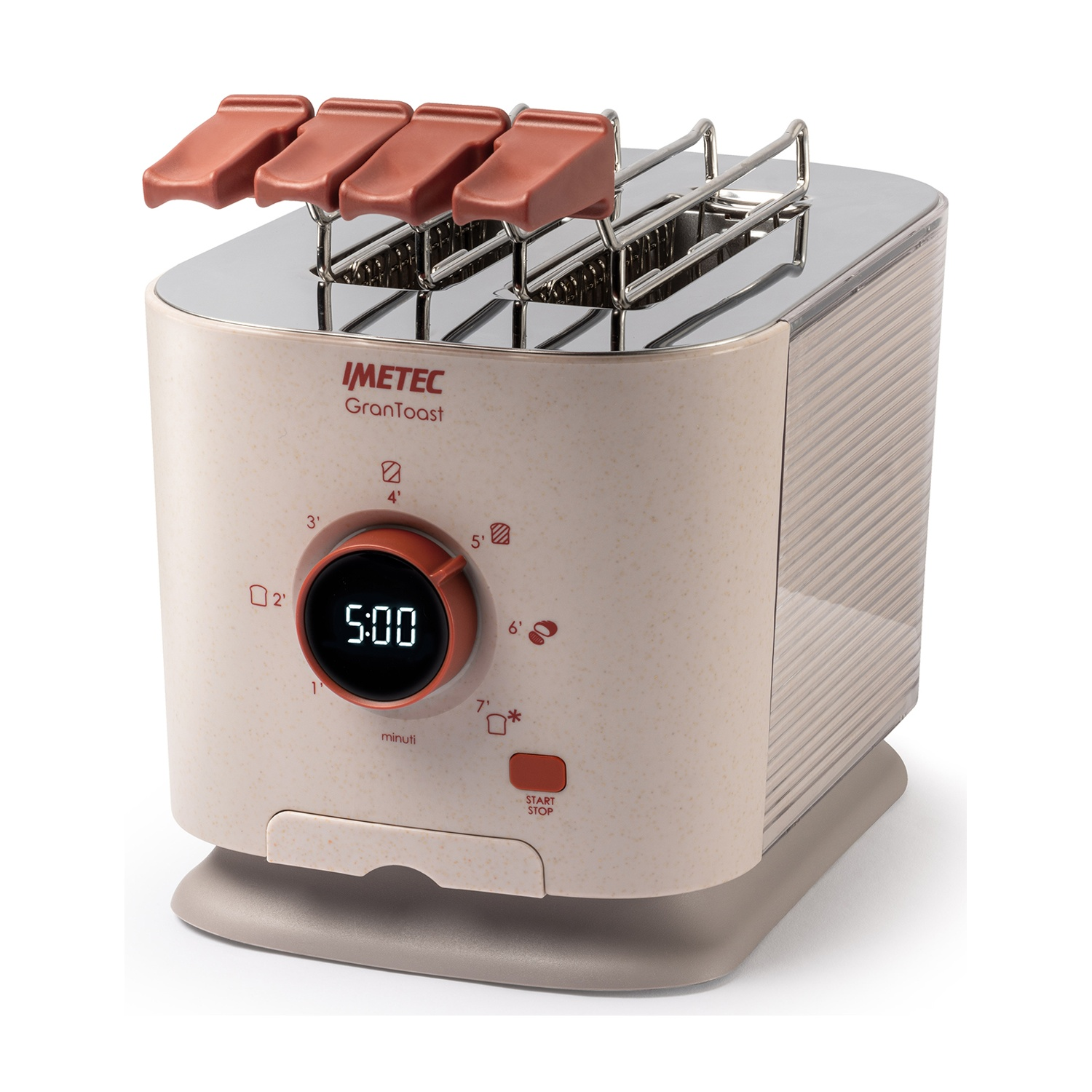 Beżowy toster z czterema brązowymi dźwigniami i cyfrowym wyświetlaczem.