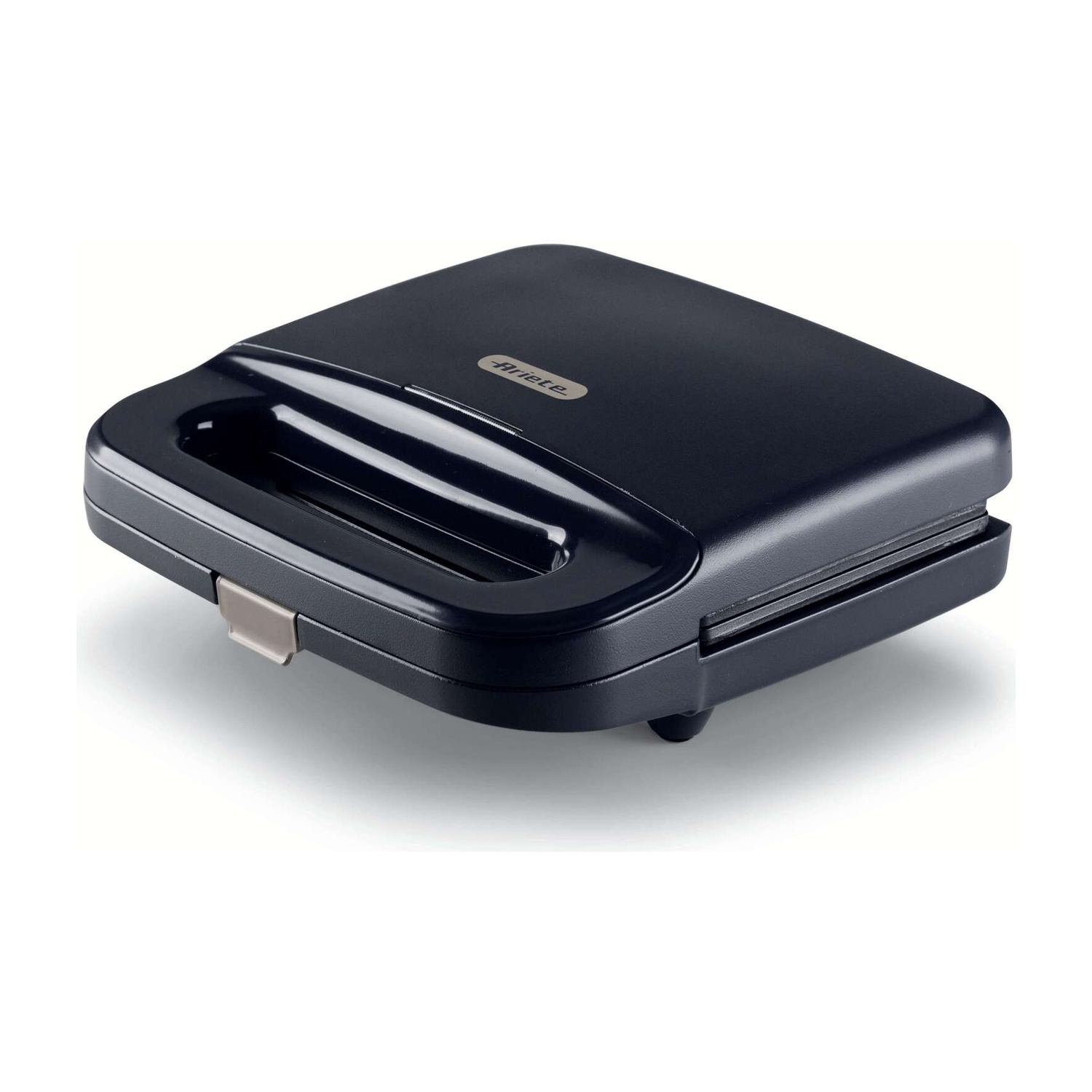 Plaque de cuisson à sandwich bleu foncé avec poignée et loquet, fond blanc.