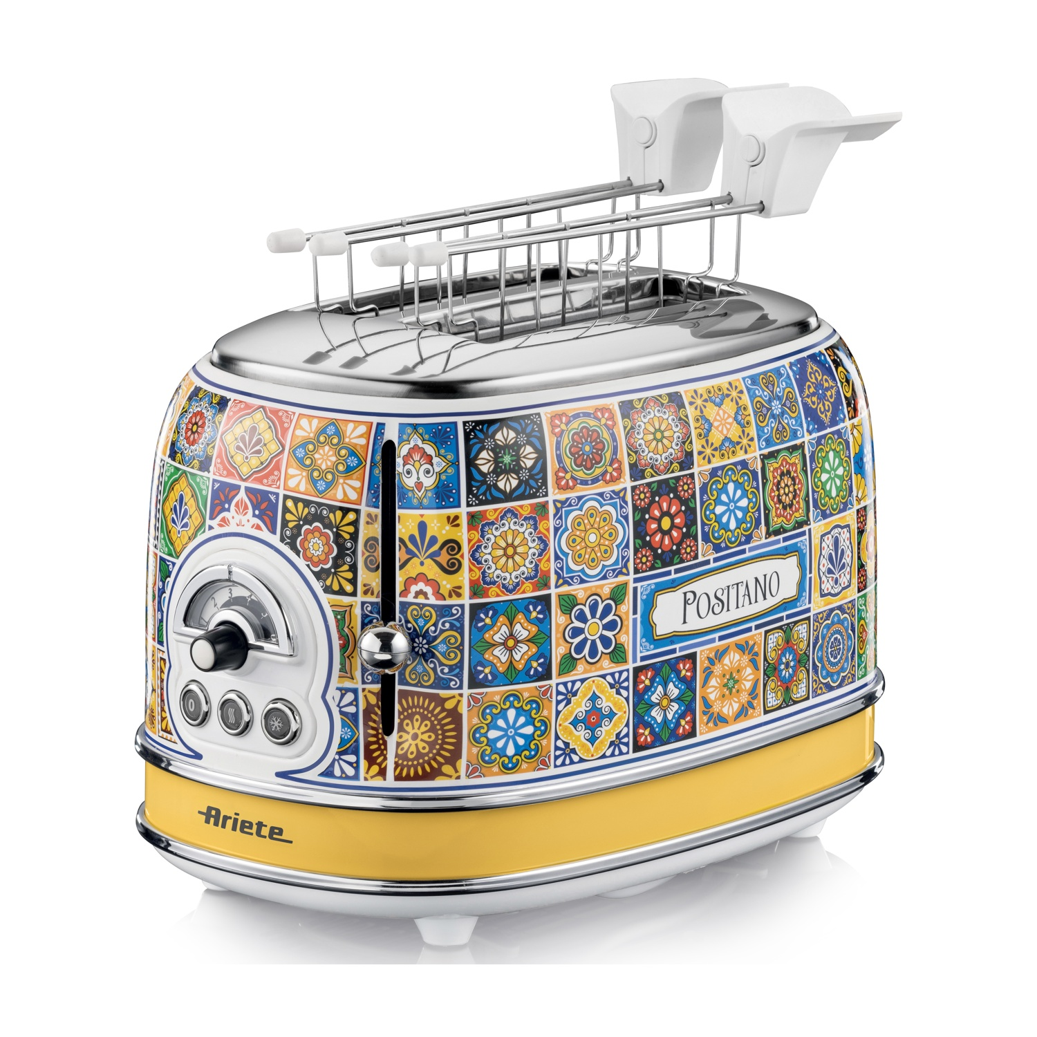Kolorowy toster z wzorem płytek i etykietą 'Positano'. Białe tło.