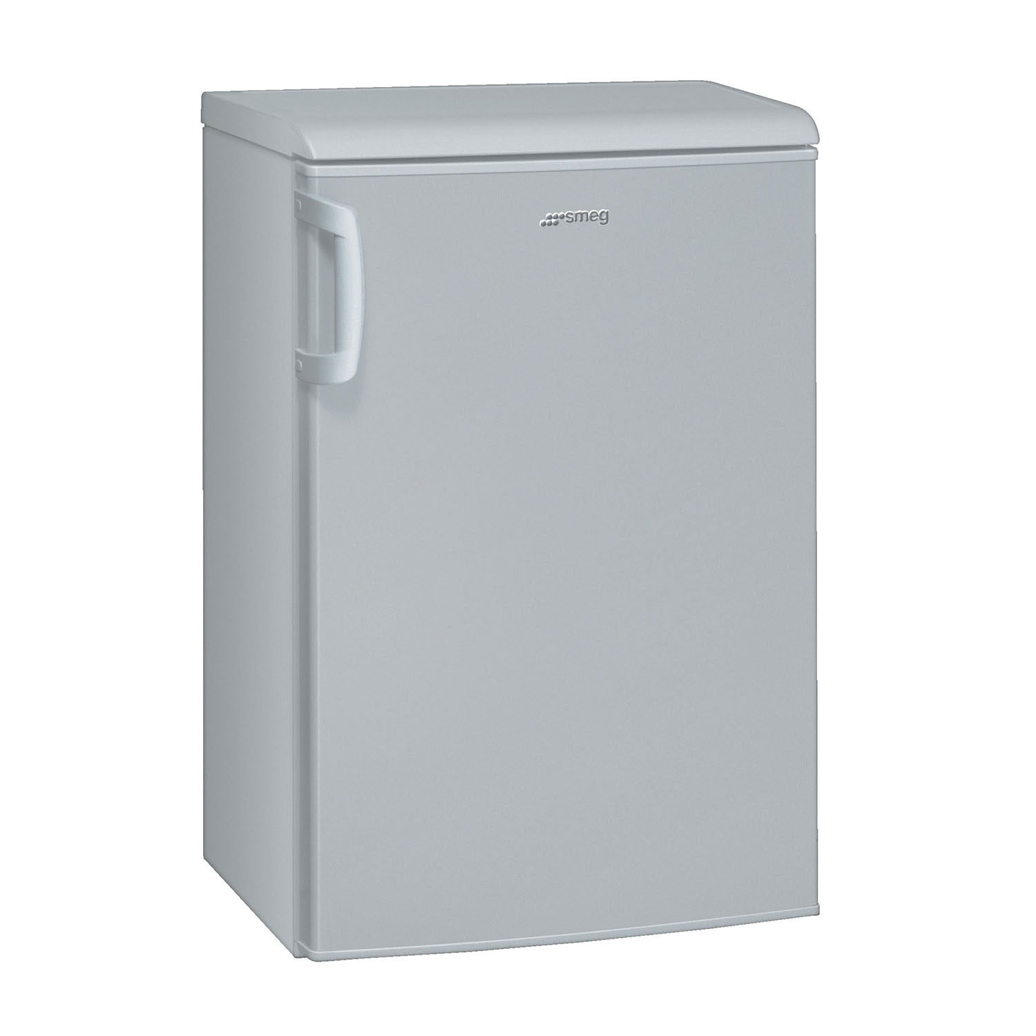 Un frigorífico Smeg pequeño y gris con un asa plateada.