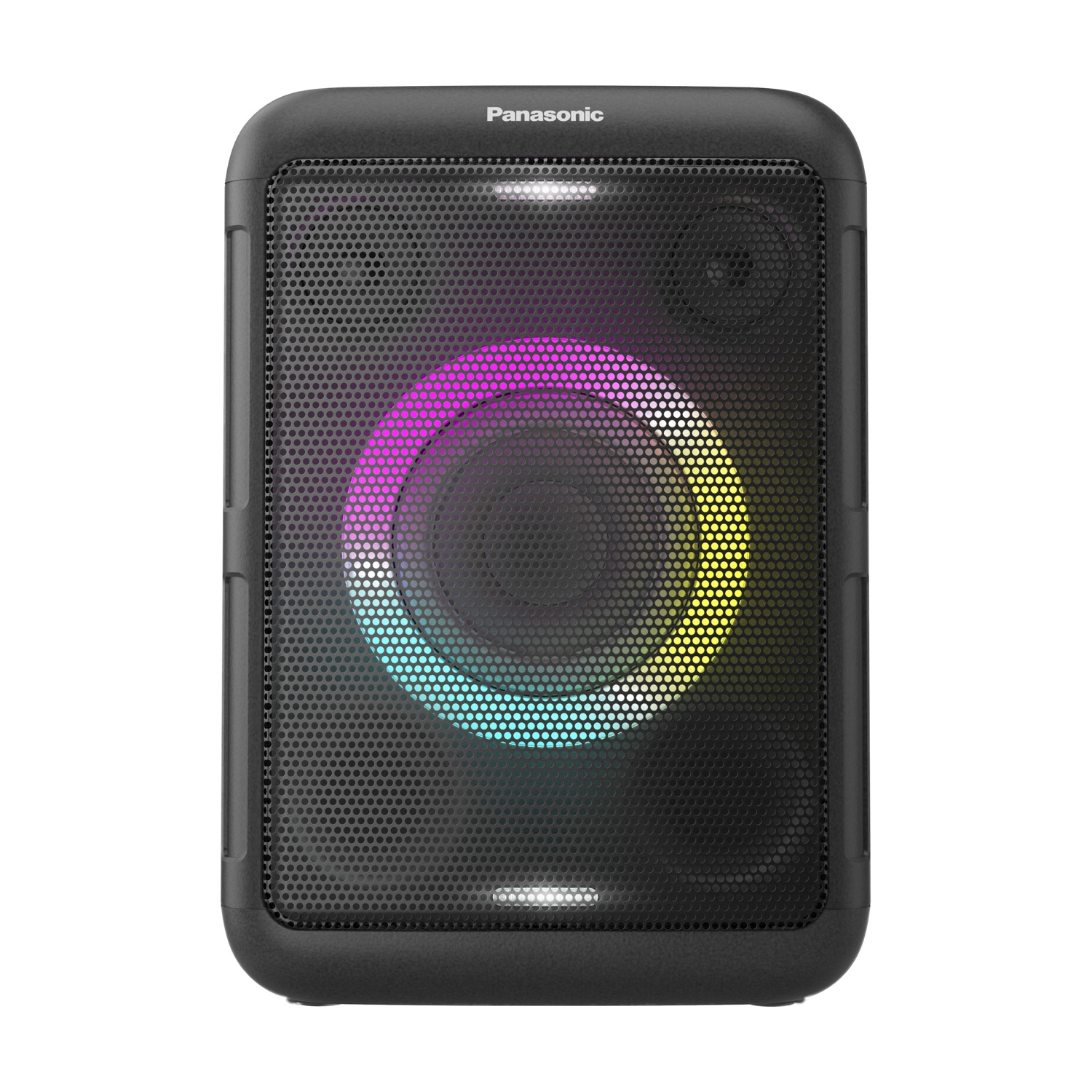 Altavoz Panasonic negro con un anillo de luz LED de colores en la rejilla.