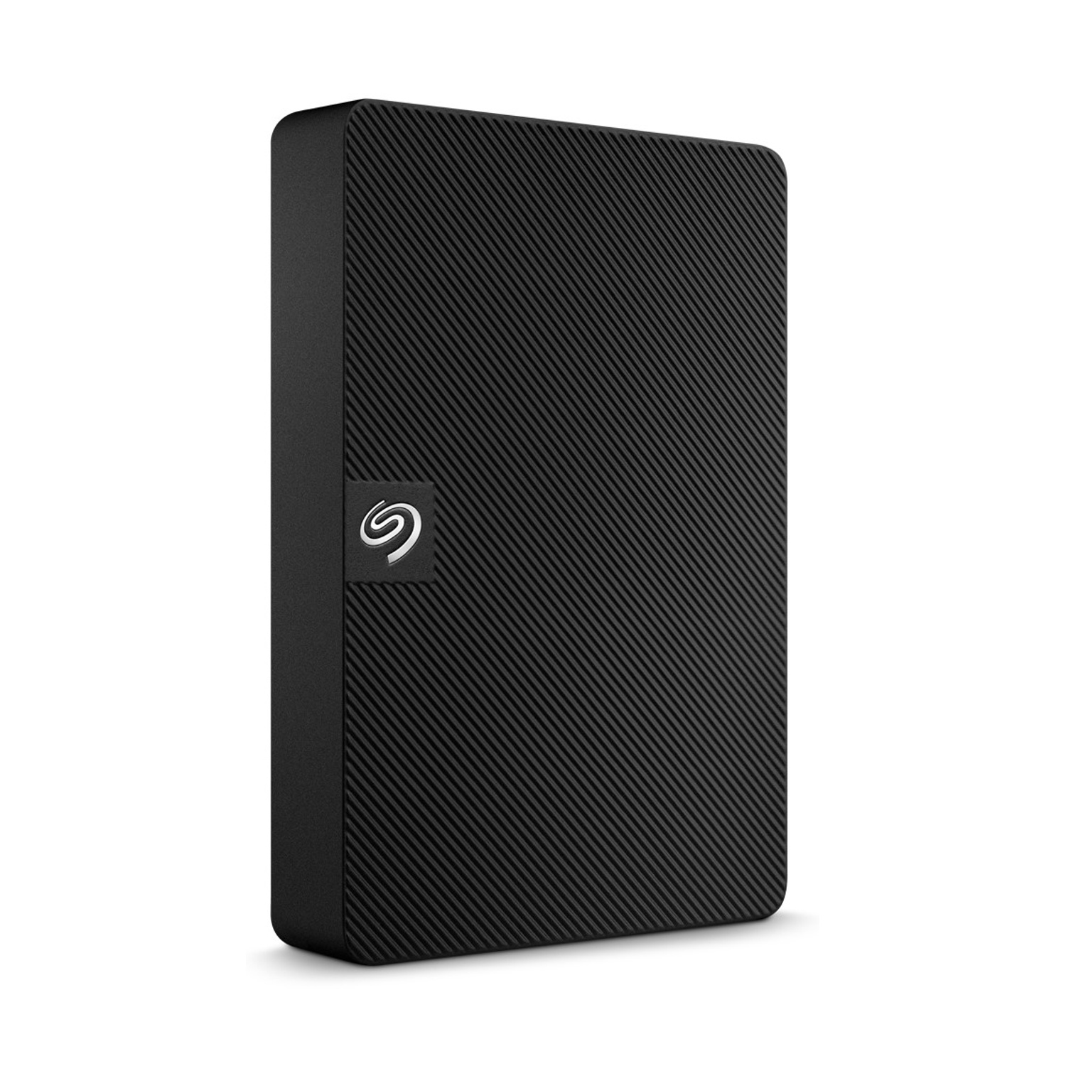 Czarny dysk zewnętrzny z prążkowaną obudową i logo Seagate.