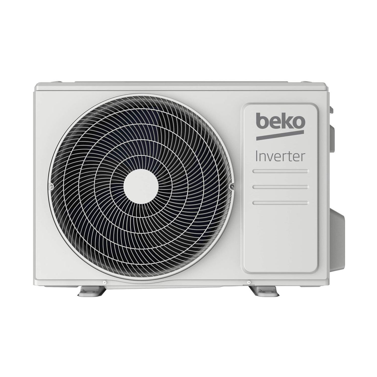 Unità di condizionamento Beko bianca con ventola ed etichetta 'Inverter'.