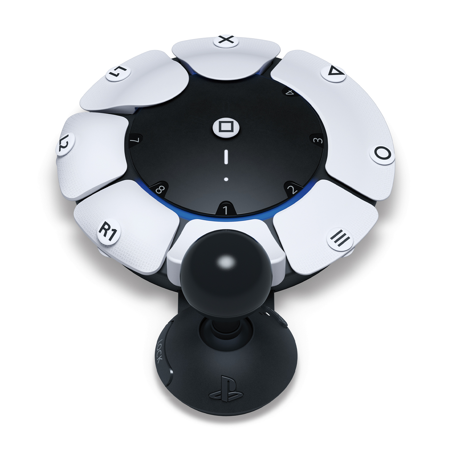 Okrągły, czarno-biały kontroler z joystickiem, przyciskami i cyframi.