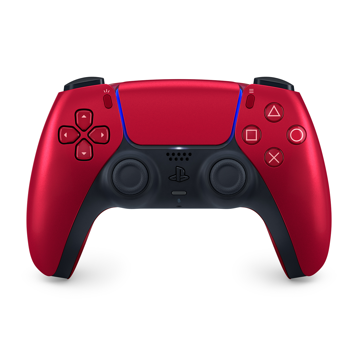 Ein roter Controller mit schwarzen Akzenten und Knöpfen.