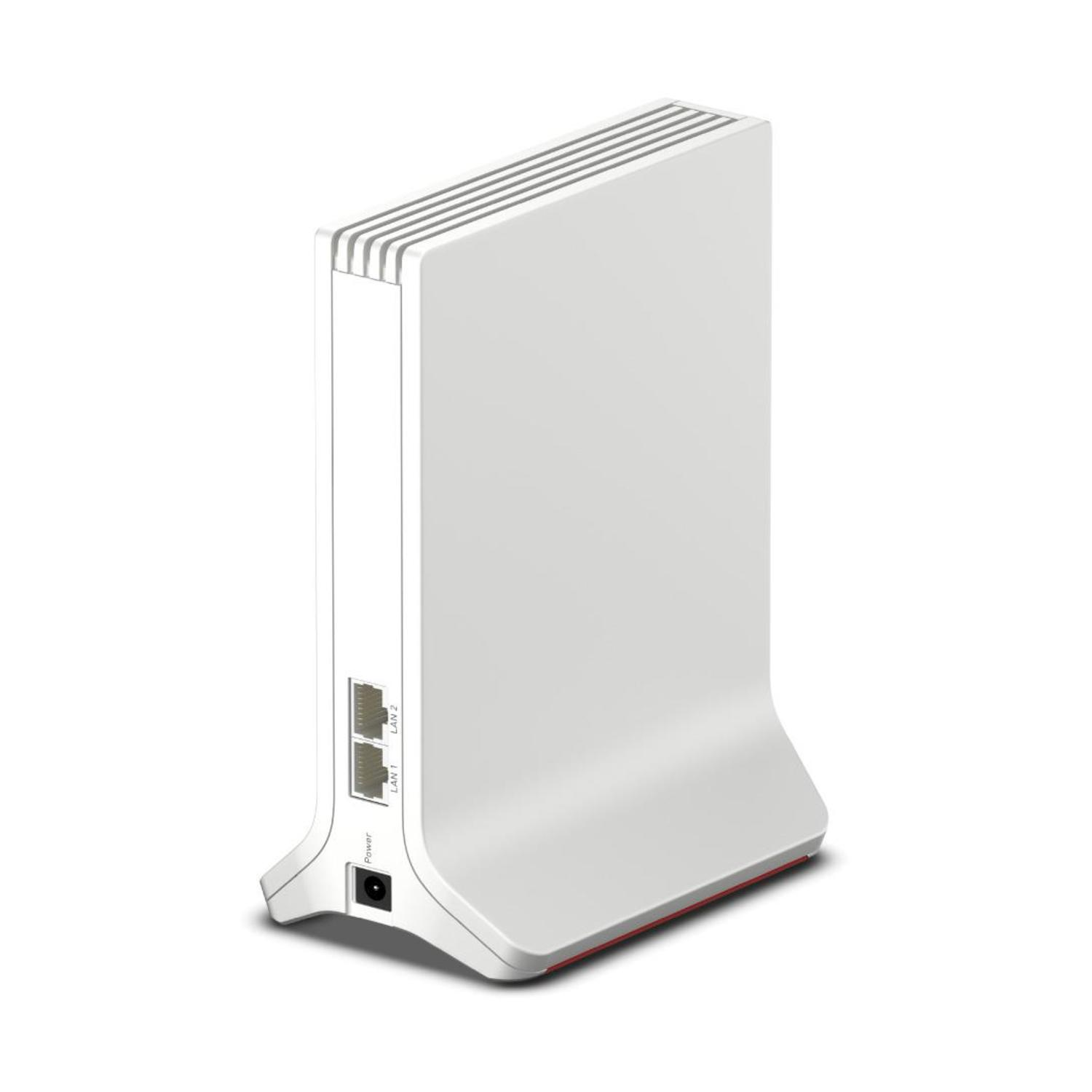 Ein weißer Router mit Lüftungsschlitzen und Anschlüssen für Strom und LAN.