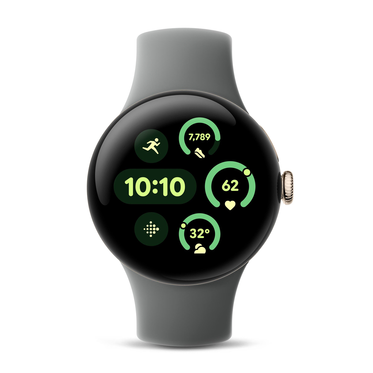 Szary smartwatch z okrągłym wyświetlaczem pokazującym godzinę, kroki, tętno i temperaturę.