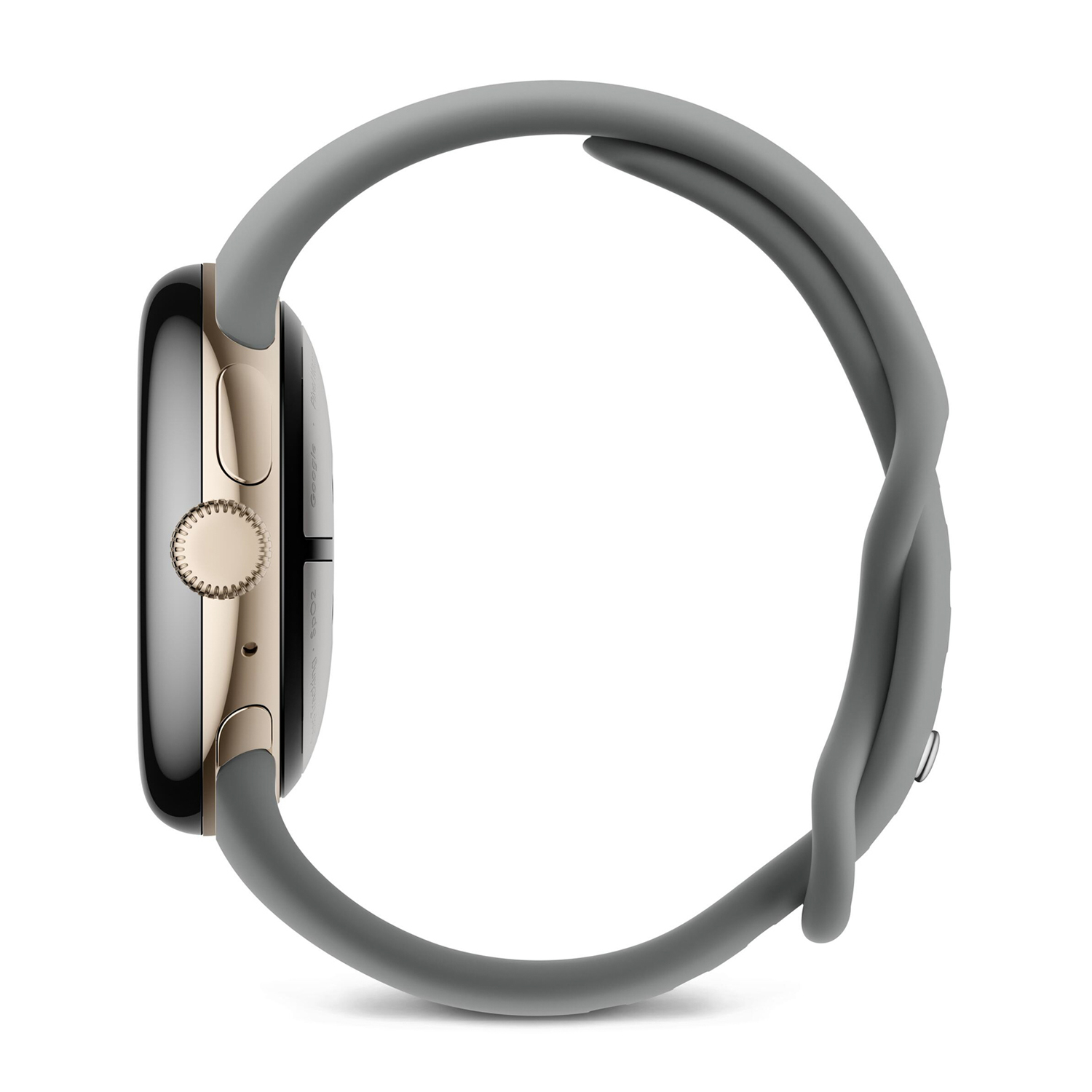 Szary smartwatch ze złotą tarczą i koroną, na białym tle.