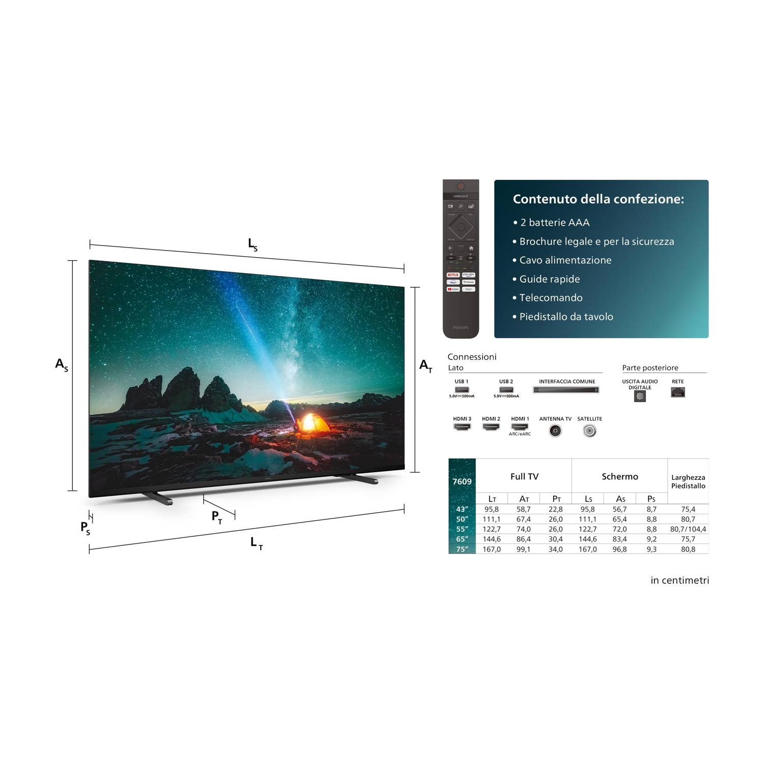 Telewizor Philips z obrazem gwieździstego nieba, pilotem i tabelą połączeń.