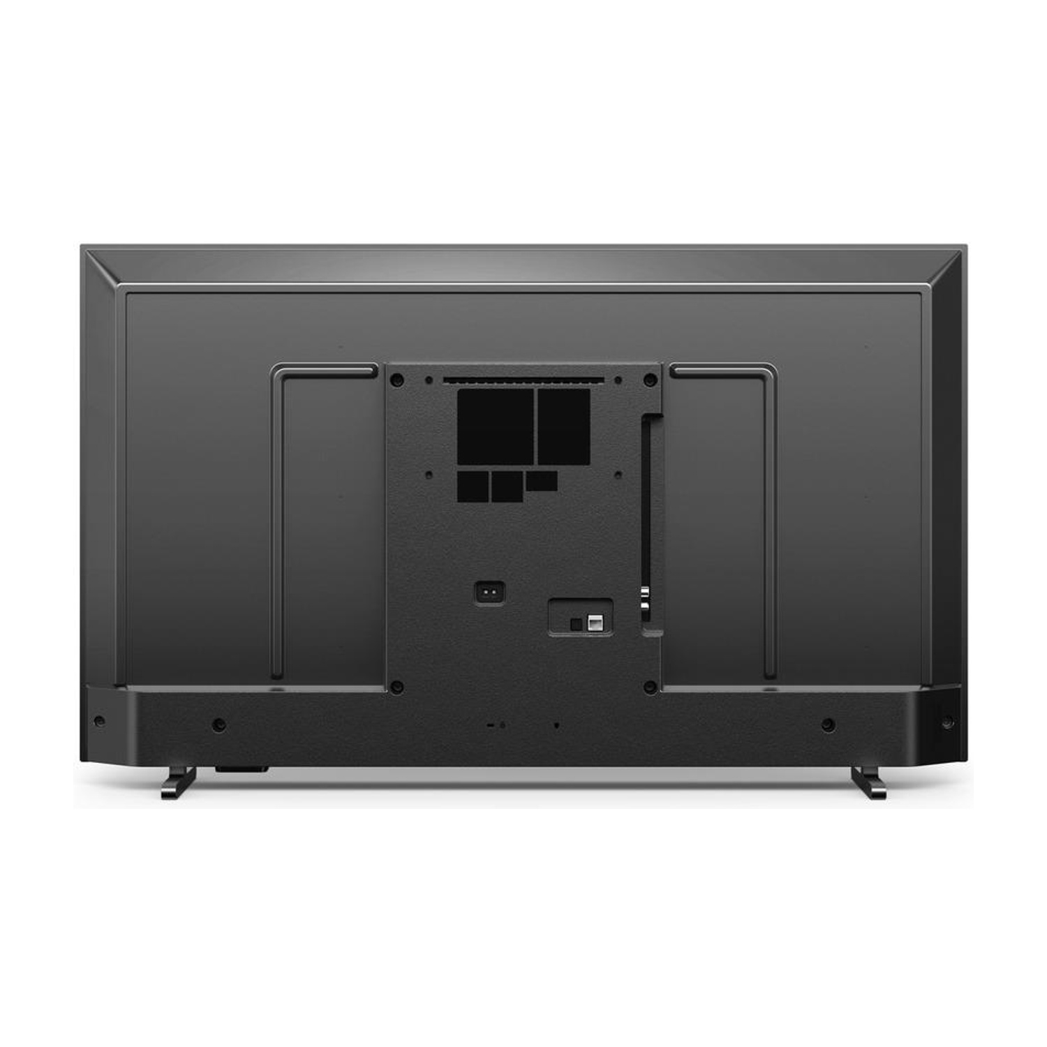 Tył czarnego telewizora z portami i nogami podstawy.