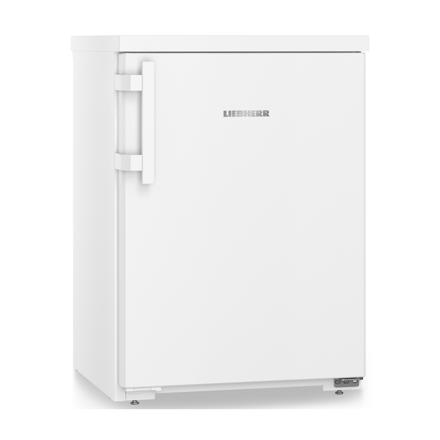 Un refrigerador Liebherr blanco con asa y logo plateados.